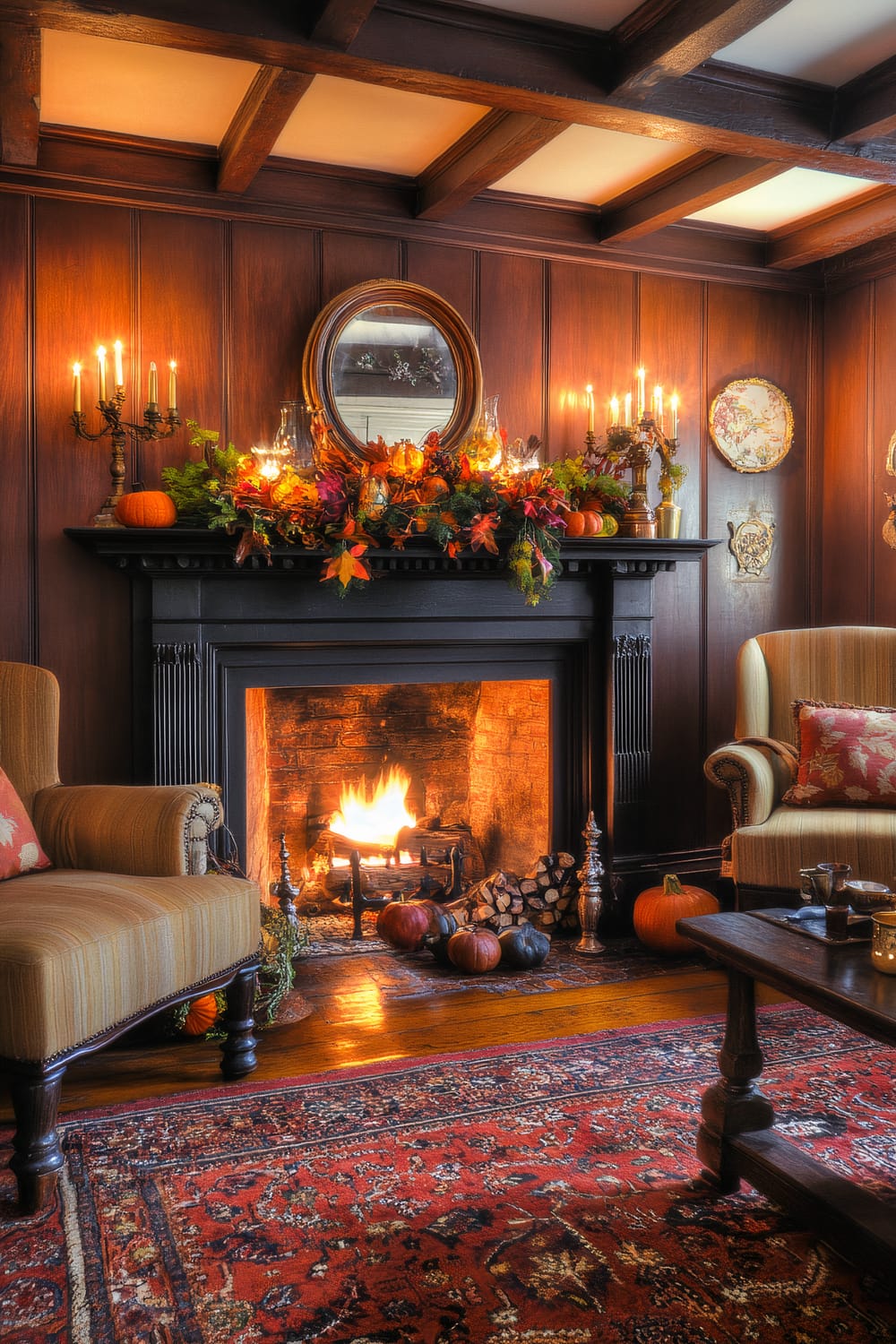 A warmly lit room featuring a large wooden fireplace adorned with autumn-themed decorations such as pumpkins, leaves, and candles. The walls are paneled with dark wood, and the ceiling has wooden beams. Two upholstered armchairs with a red floral cushion flank the fireplace. A wooden coffee table is placed on an intricately patterned red rug. The overall ambiance is warm and inviting.