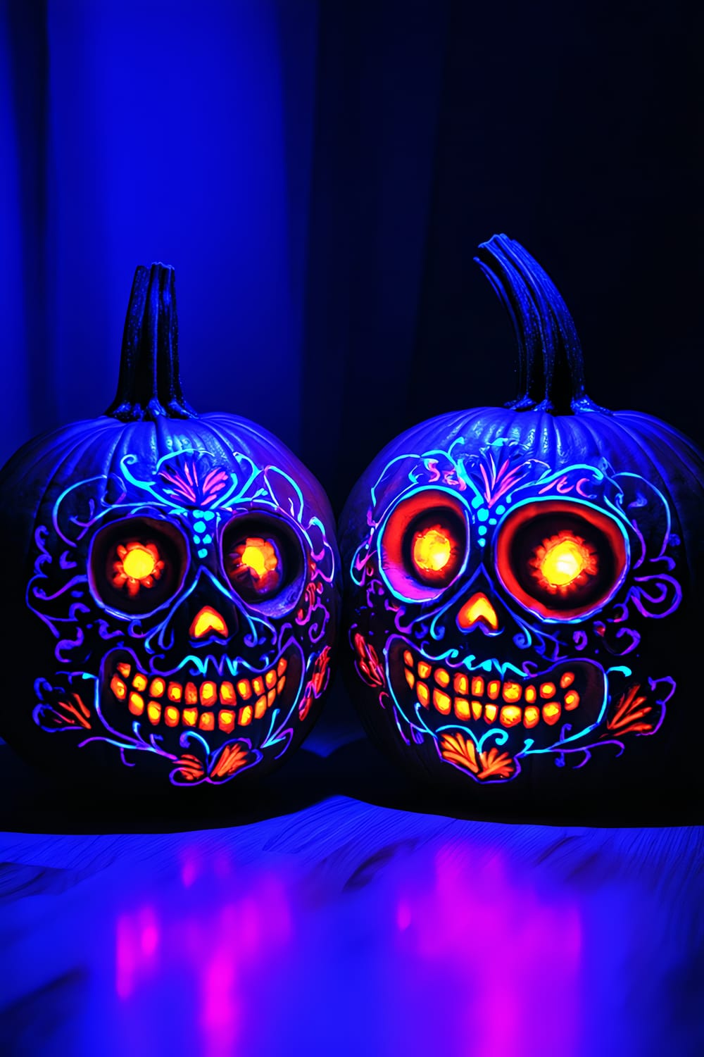 Two pumpkins carved and painted with intricate sugar skull designs are illuminated under blacklight, causing the neon paints to glow vividly. The pumpkins have expressive faces with glowing orange eyes and detailed floral patterns in bright blue, purple, and orange colors, creating an eerie, festive ambiance.