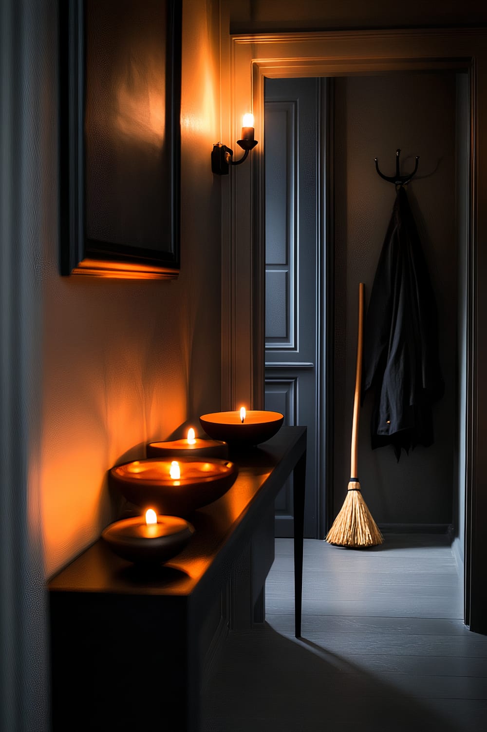 A mystical and darkly lit hallway featuring a sleek black side table adorned with softly glowing orange candles. On the right side of the hallway, a coat rack hangs with dark coats and a witch's broom leans against the wall, adding an enchanted theme to the space.