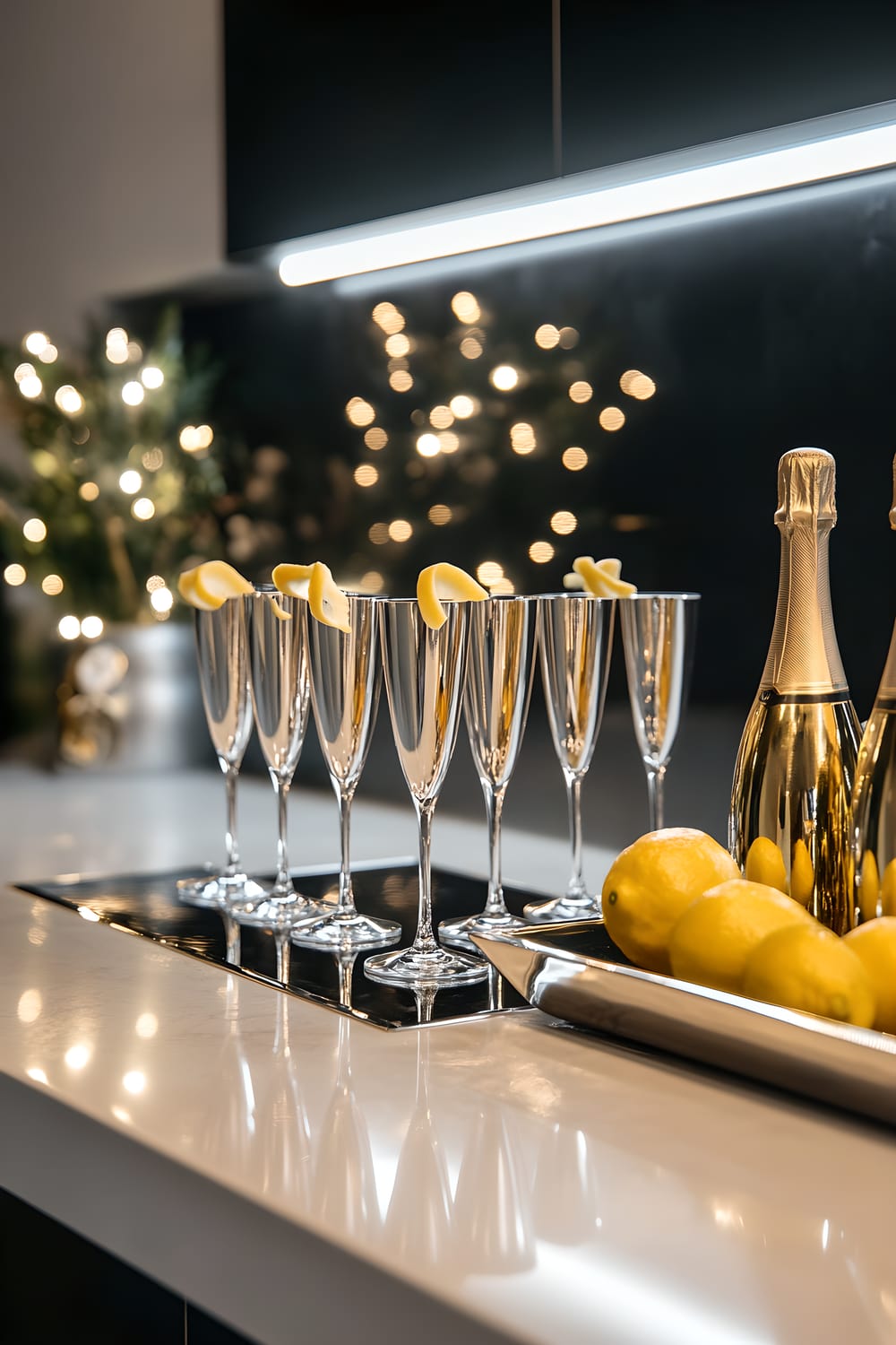 A modern bar counter set for New Year’s Eve with six silver champagne flutes, each holding champagne with a lemon twist. Next to the flutes, a mirrored tray displays three gold magnum champagne bottles. All items are illuminated by ambient LED lighting.