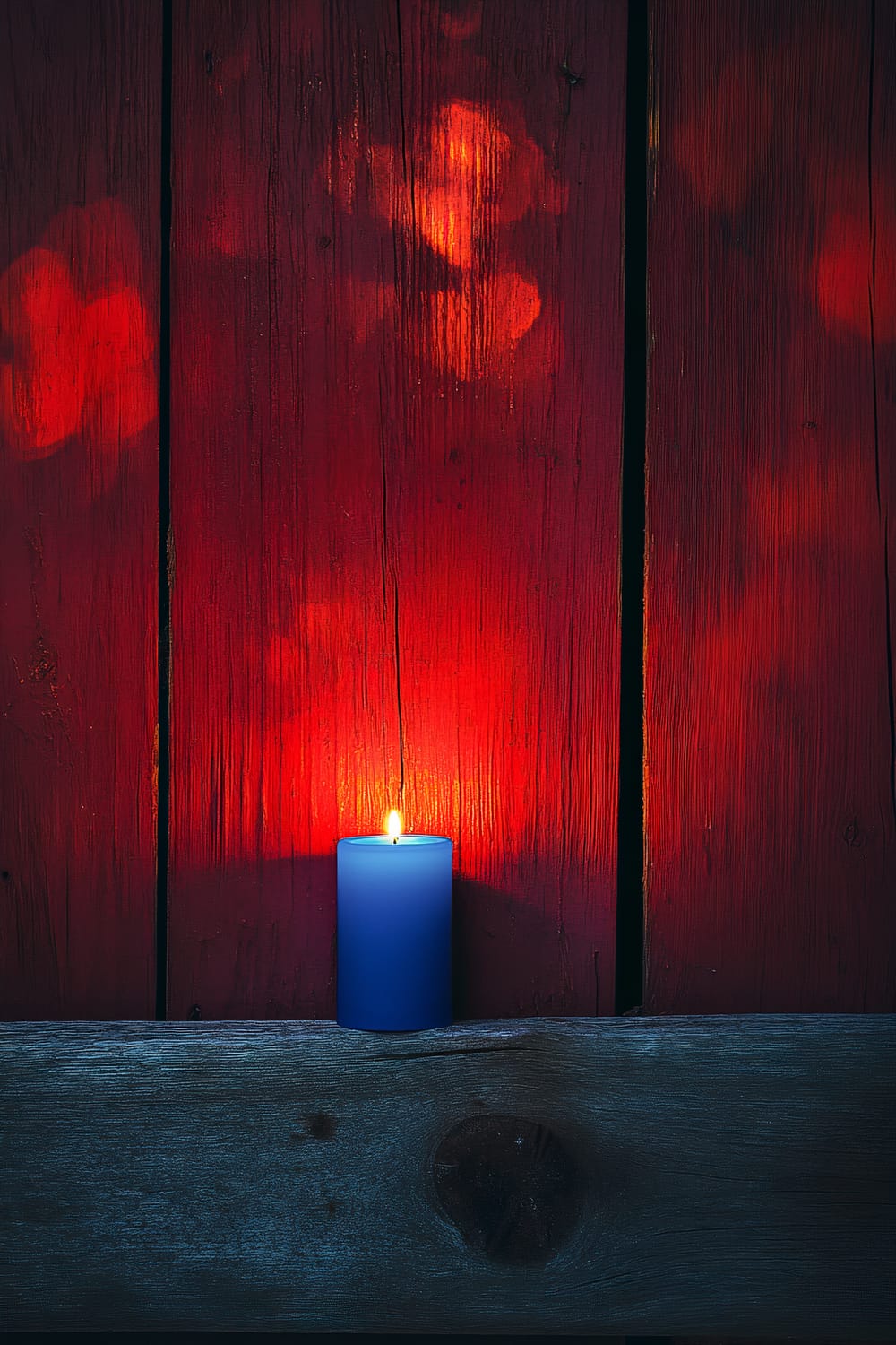 A single blue candle burning with a small flame is placed against a red wooden background. The red wood has a weathered appearance with visible grain and knots. The light from the candle casts a warm glow on the wood, creating soft, abstract shadows and highlights in various shades of red and orange. The candle is placed on a horizontal wooden plank that appears grey and textured.