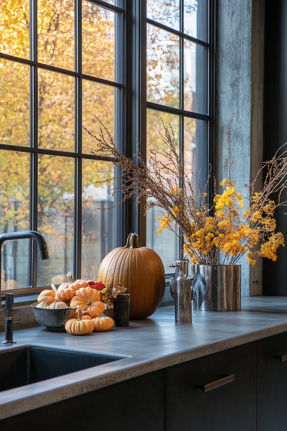 A contemporary kitchen features a sleek, black countertop adorned with autumnal decorations. A large pumpkin and a bowl of smaller pumpkins serve as a centerpiece next to a arrangement of yellow flowers in a shiny, metallic vase. The countertop also holds a modern faucet and other small kitchenware. Large, industrial-style windows behind the counter allow an abundance of natural light to filter in, framing a picturesque view of autumn foliage outside with trees boasting vibrant golden leaves.