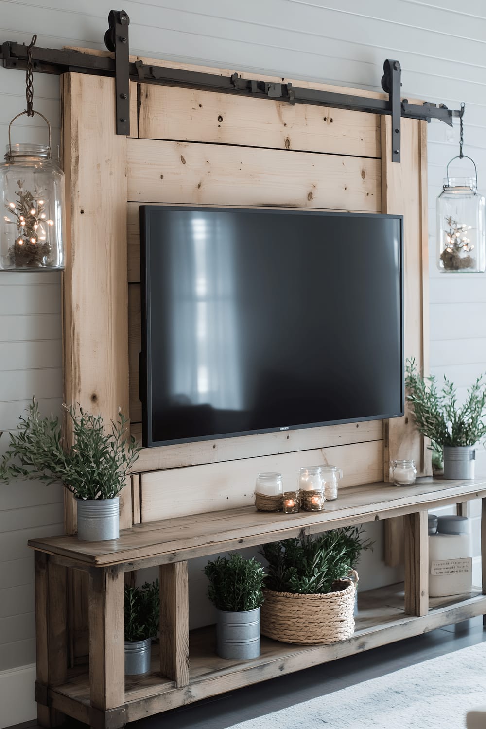 A flat-screen television is set within a repurposed barn door frame made of distressed white pine planks on a light gray shiplap wall. Accompanying décor includes hanging mason jars filled with lights and potted olive trees on the side.