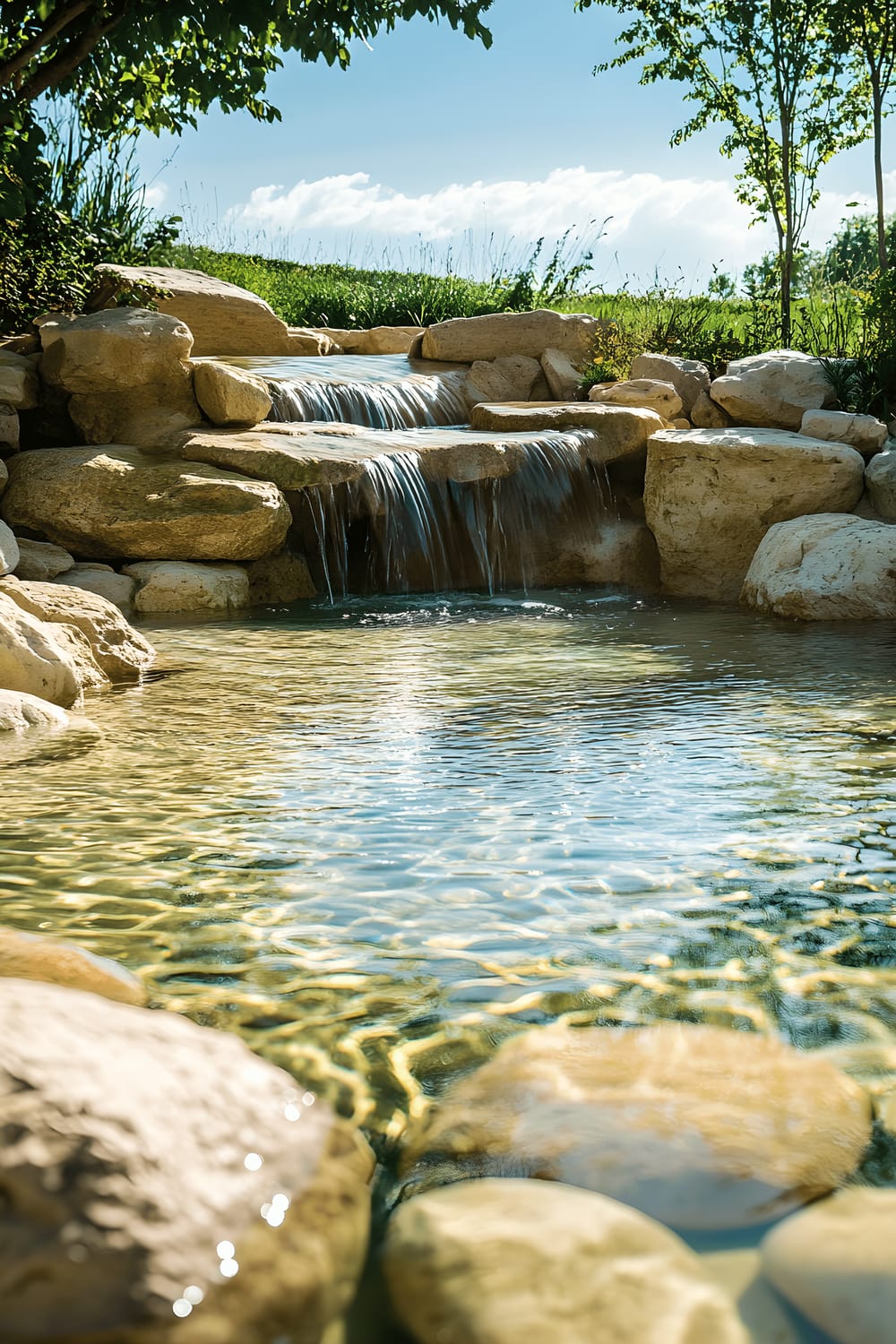 A serene backyard scene featuring a natural wading pool surrounded by smooth river stones. A gentle mini waterfall cascades from a rock ledge into the pool. The clear shallow water reflects the bright blue sky. The bottom of the pool is lined with soft sand, creating a safe and playful natural swimming experience for kids.