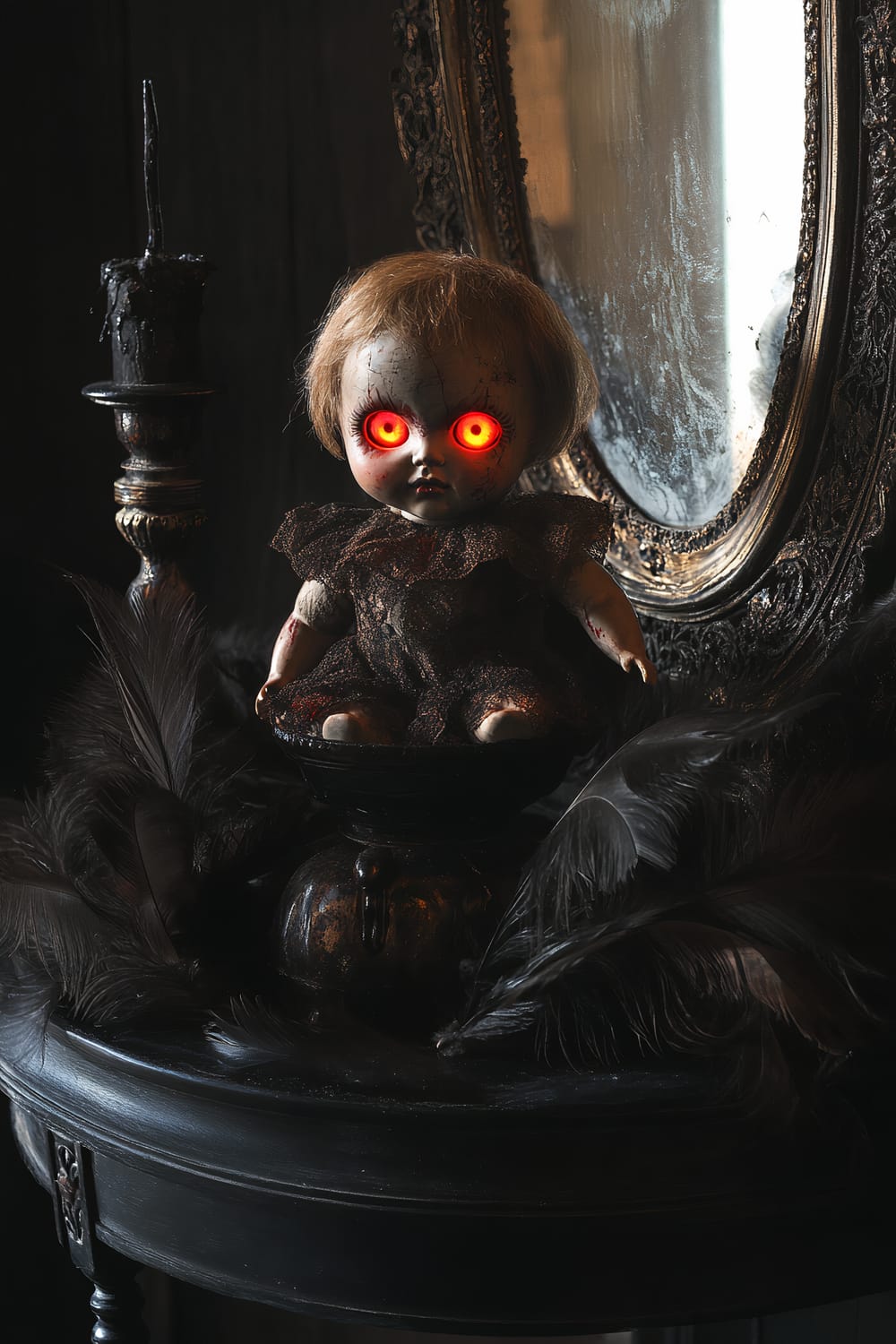 A vintage doll with glowing red eyes sits on a black table surrounded by dark feathers. An ornate, antique mirror reflecting the doll’s menacing gaze is positioned behind it. The setup is dramatically lit to enhance the spooky atmosphere.