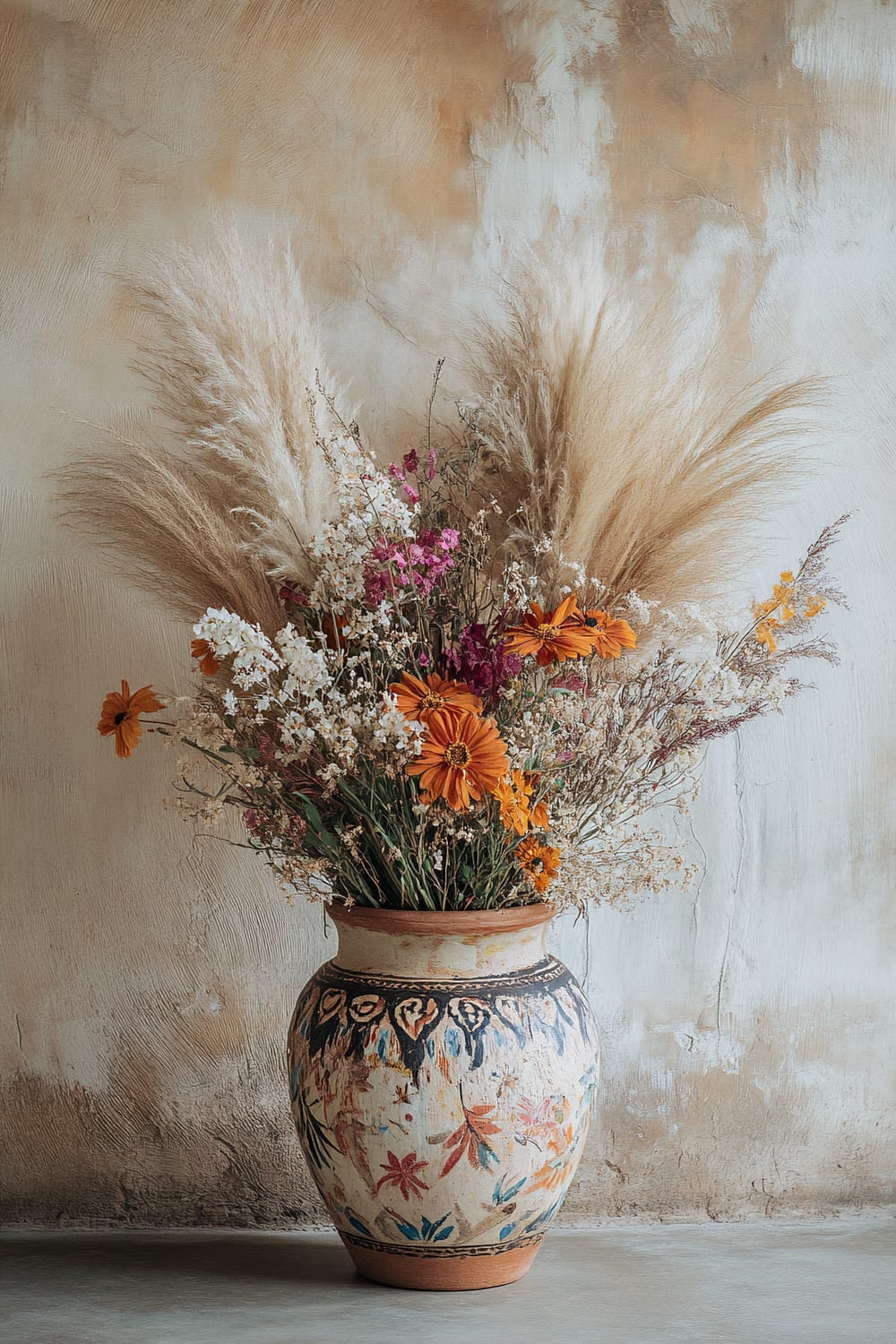 An ornate ceramic vase filled with a lush arrangement of dried flowers and pampas grass placed against a textured, weathered wall.