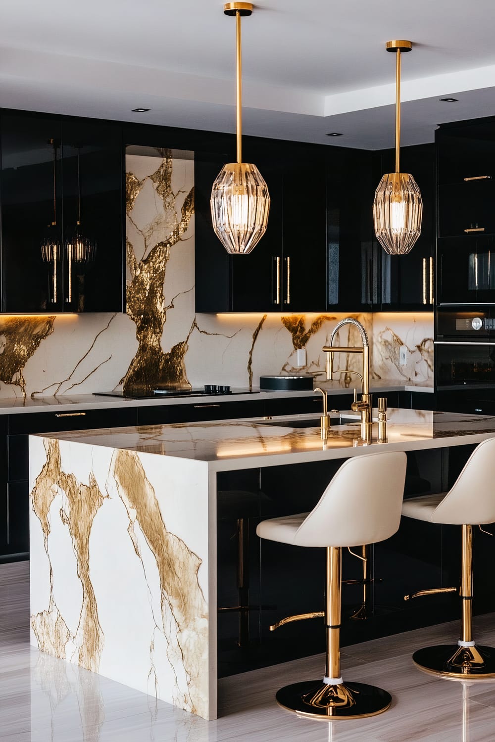 A modern kitchen with a luxurious design featuring a central island with a marble countertop adorned with gold veining. Above the island hang two golden pendant lights with faceted glass shades. The backdrop consists of black high-gloss cabinetry with gold hardware, complemented by a marble backsplash with similar gold veining. Two white bar stools with gold bases are positioned at the island's counter. The sink and fixtures are also gold-colored, adding to the room's opulent aesthetic.