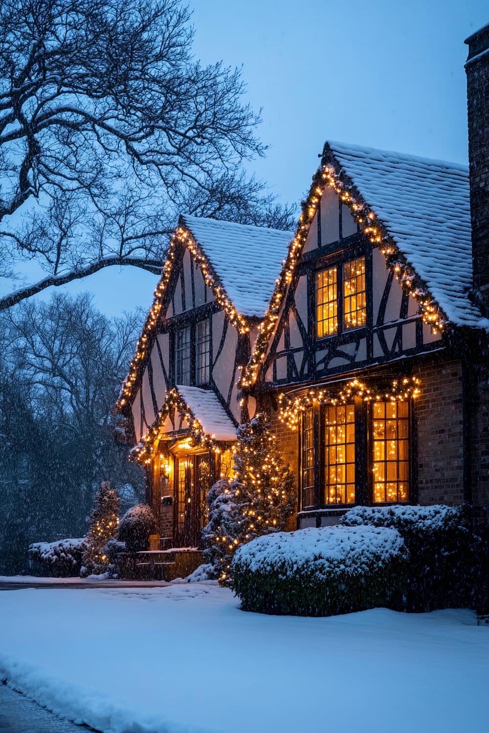 A charming Tudor-style home decorated with warm yellow Christmas lights stands against a wintry, blue-toned landscape with gently falling snow. The house features two prominent, steeply pitched gables adorned with lights, and the window lights glow invitingly. Snow blankets the roof and bushes, and bare trees frame the scene.