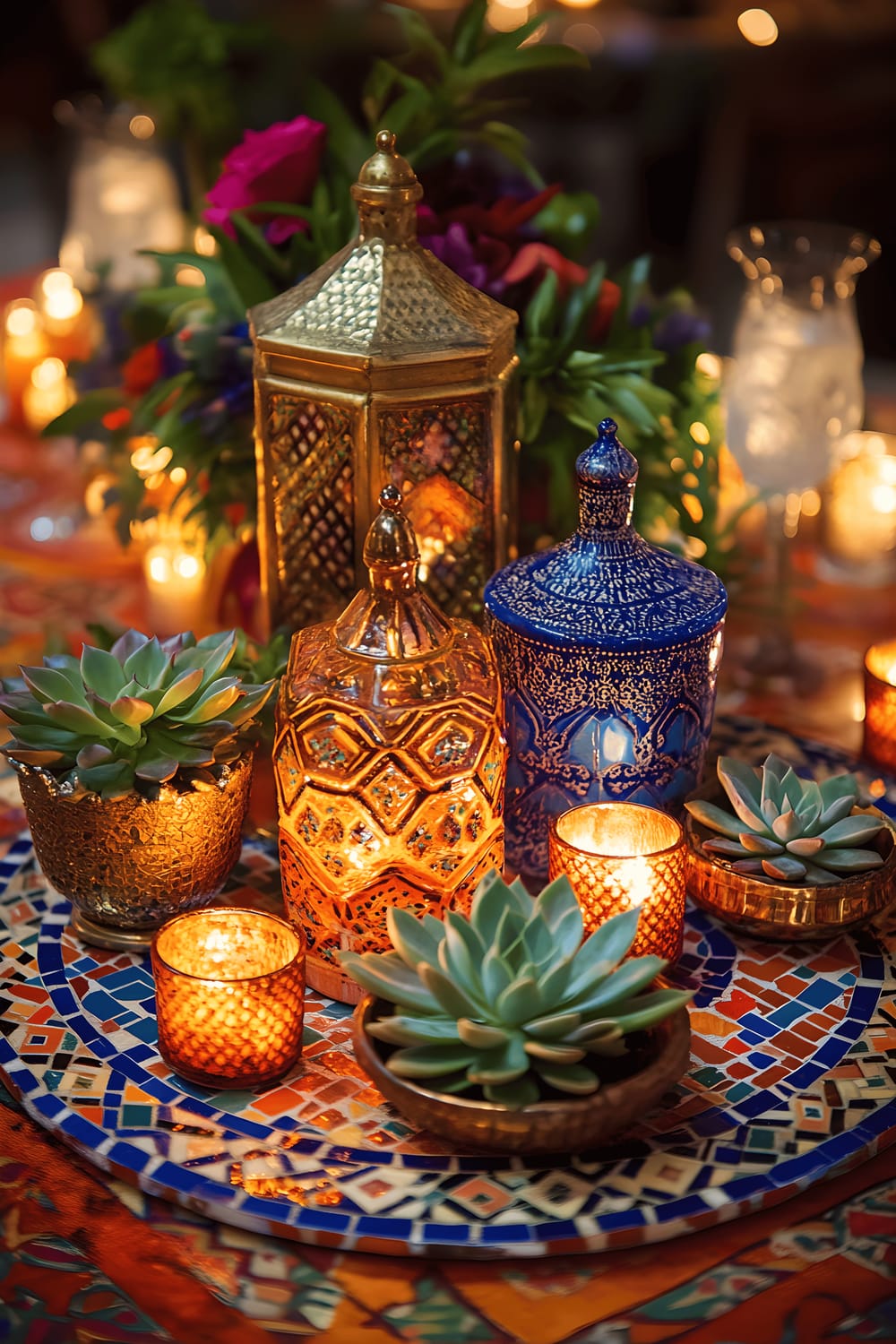 A vibrant Moroccan-inspired table centerpiece features a mosaic tray populated with an array of glass lanterns in vivid shades of orange and blue, succulent plants housed in patterned pots, and ceramic bowls with intricate designs. This lively assemblage is further accentuated with brass candle holders and miniature decorative mirrors. The ensemble is set on a richly colored tablecloth and is warmly illuminated, emphasising the exotic and bold aspects of the display.