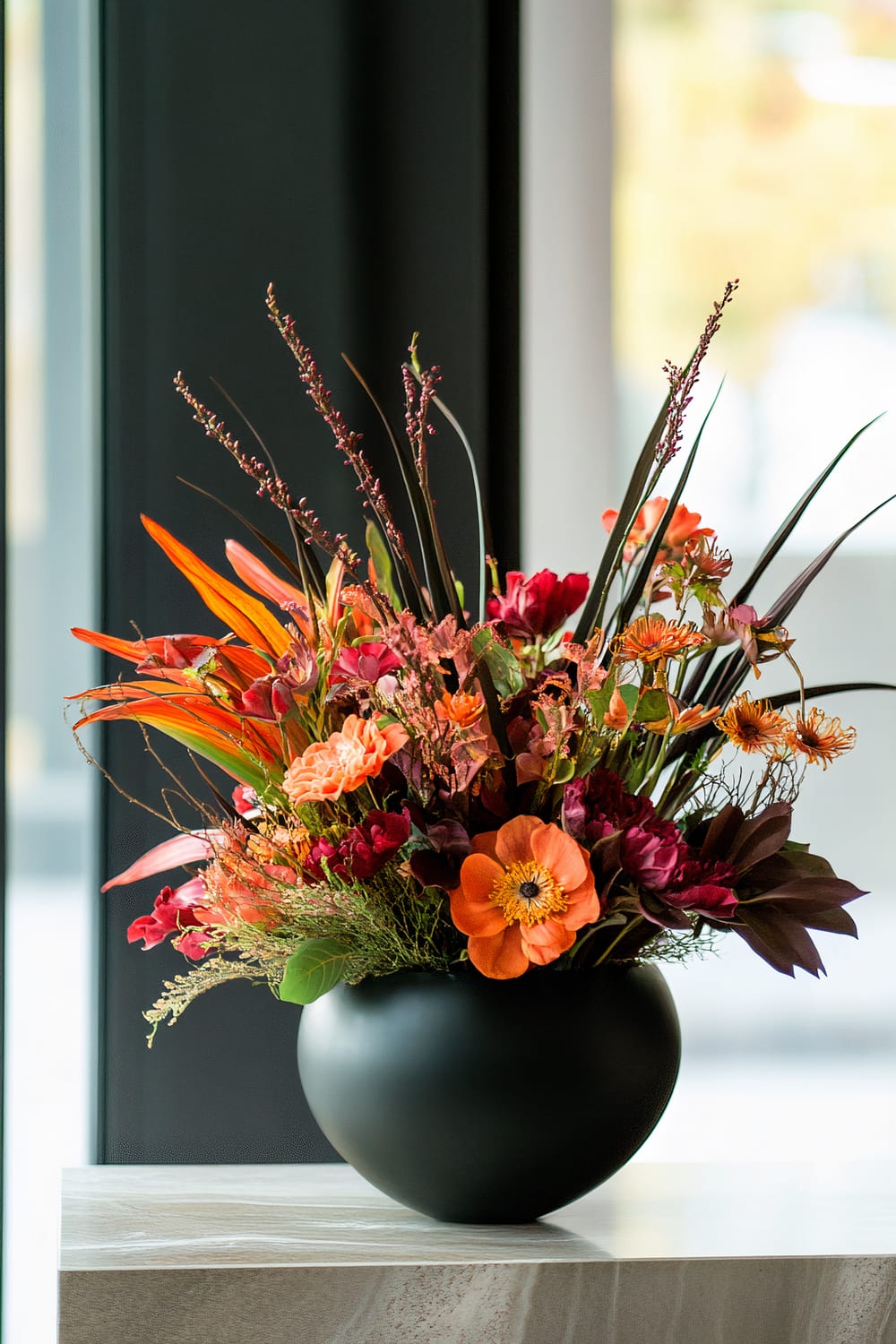 A vibrant flower arrangement placed in a round, matte black vase. The bouquet contains a variety of flowers in shades of red, orange, and dark pink, complemented by green foliage and tall, wispy branches. The arrangement sits on a stone or marble surface, with a blurred, modern indoor background featuring tall windows.