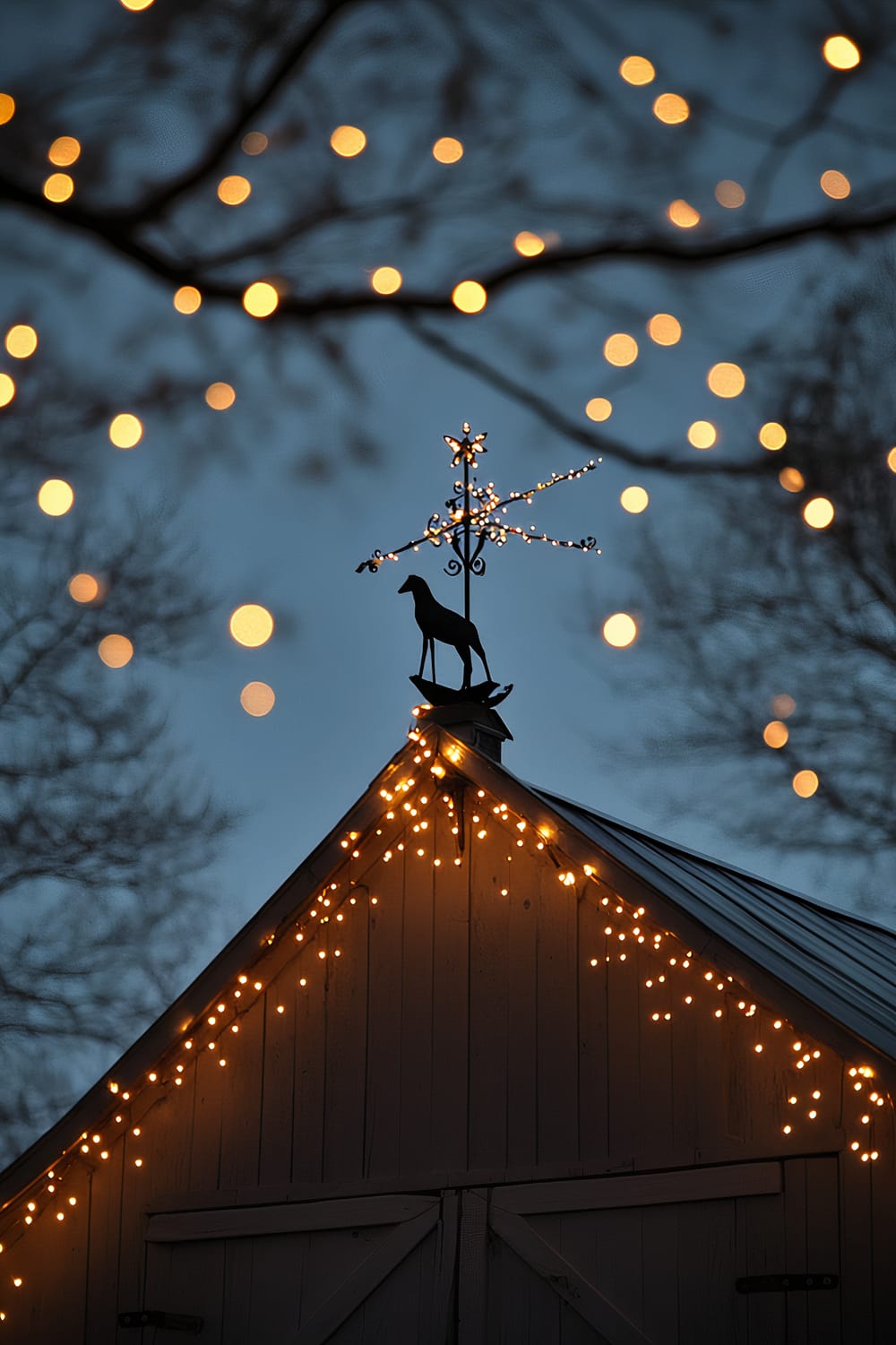 A barn with a weather vane featuring a rooster on top is adorned with string lights, while softly lit bokeh from additional lights twinkle in the background, creating a warm and enchanting evening scene.