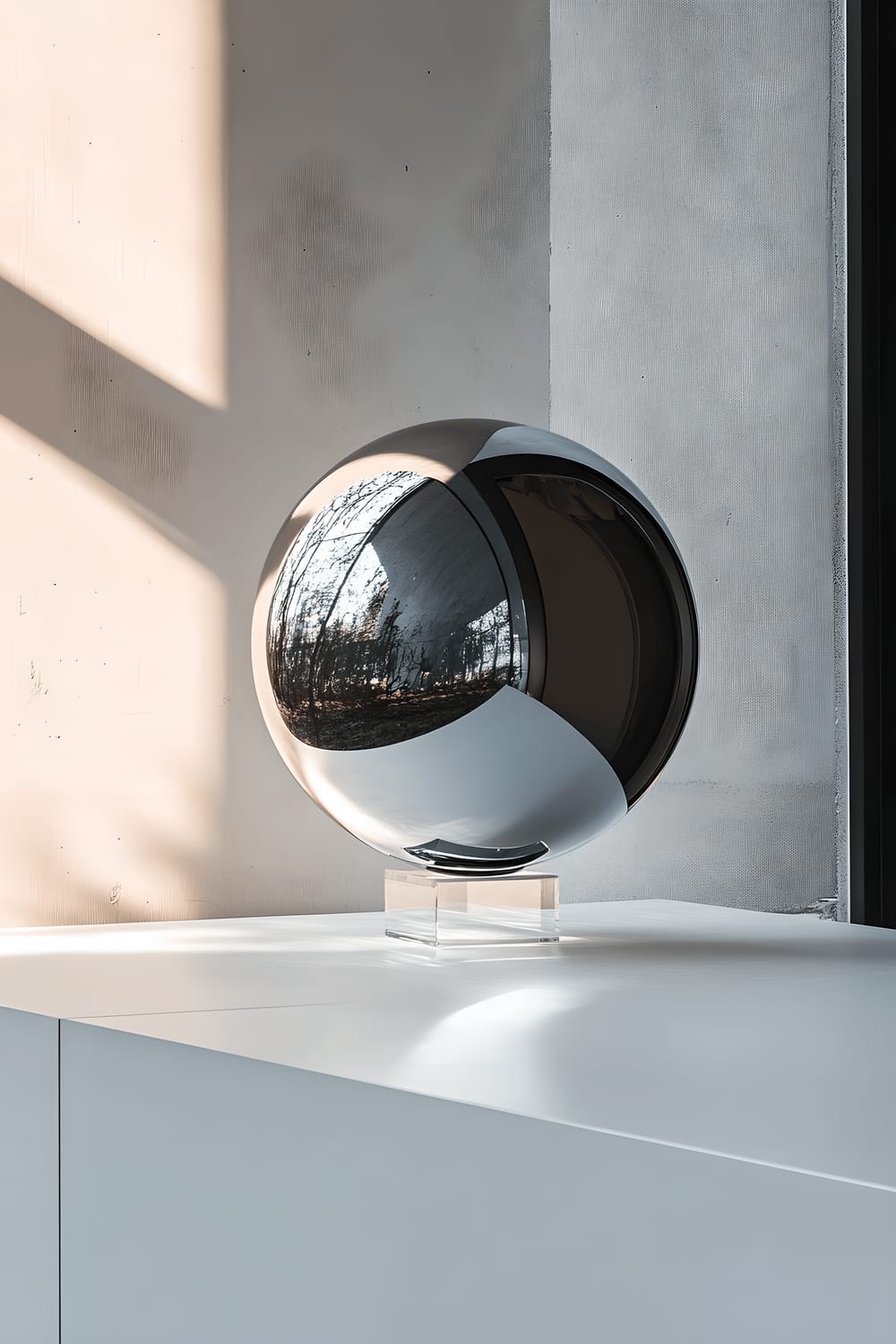 A minimalist interior featuring a spherical mirror placed on a sleek white shelf, suspended by nearly invisible stands. The mirror's highly reflective surface captures the room, creating an illusion of depth and infinity. Glimmers of soft natural light accentuate the mirror, enhancing its reflective characteristic and making it an intriguing focal point in the decor.