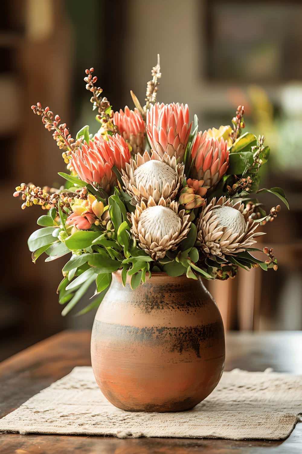 A vibrant dining room scene showcasing a centerpiece with handcrafted African pottery filled with protea flowers and accented by small pieces of driftwood. The room is richly decorated with culturally-inspired textiles in earthy tones and is bathed in natural light. The pottery and flowers add a pop of vibrant color against the neutral, textured surroundings.