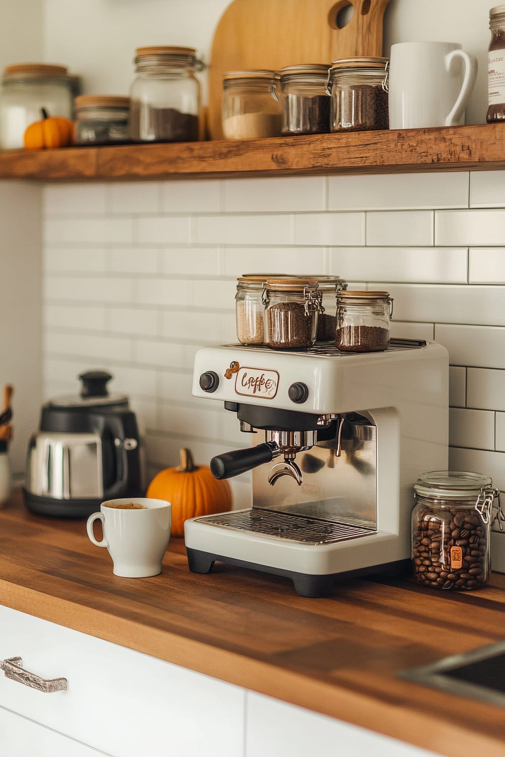 An inviting kitchen counter featuring a white espresso machine, coffee beans in jars, a white mug, a kettle, and a small orange pumpkin. Wooden shelves above hold more jarred goods and a cutting board.