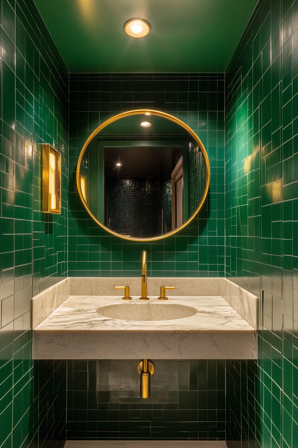 A modern bathroom highlighted by dark green tiles covering the walls and ceiling. The space features a round mirror with a golden frame, positioned above a white marble countertop with a matching sink. Gold fixtures, including the faucet and wall-mounted light, add a touch of elegance.