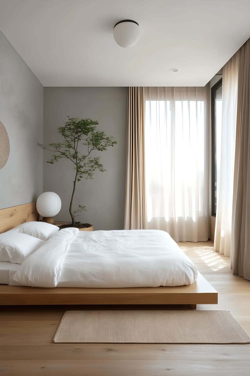 A serene, minimalist bedroom blending Scandinavian and Japanese design aesthetic. The room features a low platform bed with crisp white bedding and light oak bedside tables, each with a simplistic lamp. A large window covered by sheer white curtains lets in plenty of natural light, illuminating soft gray walls. A small bonsai tree adds a touch of life and nature, while neutral-toned rugs provide a subtle touch of texture and warmth to the space.