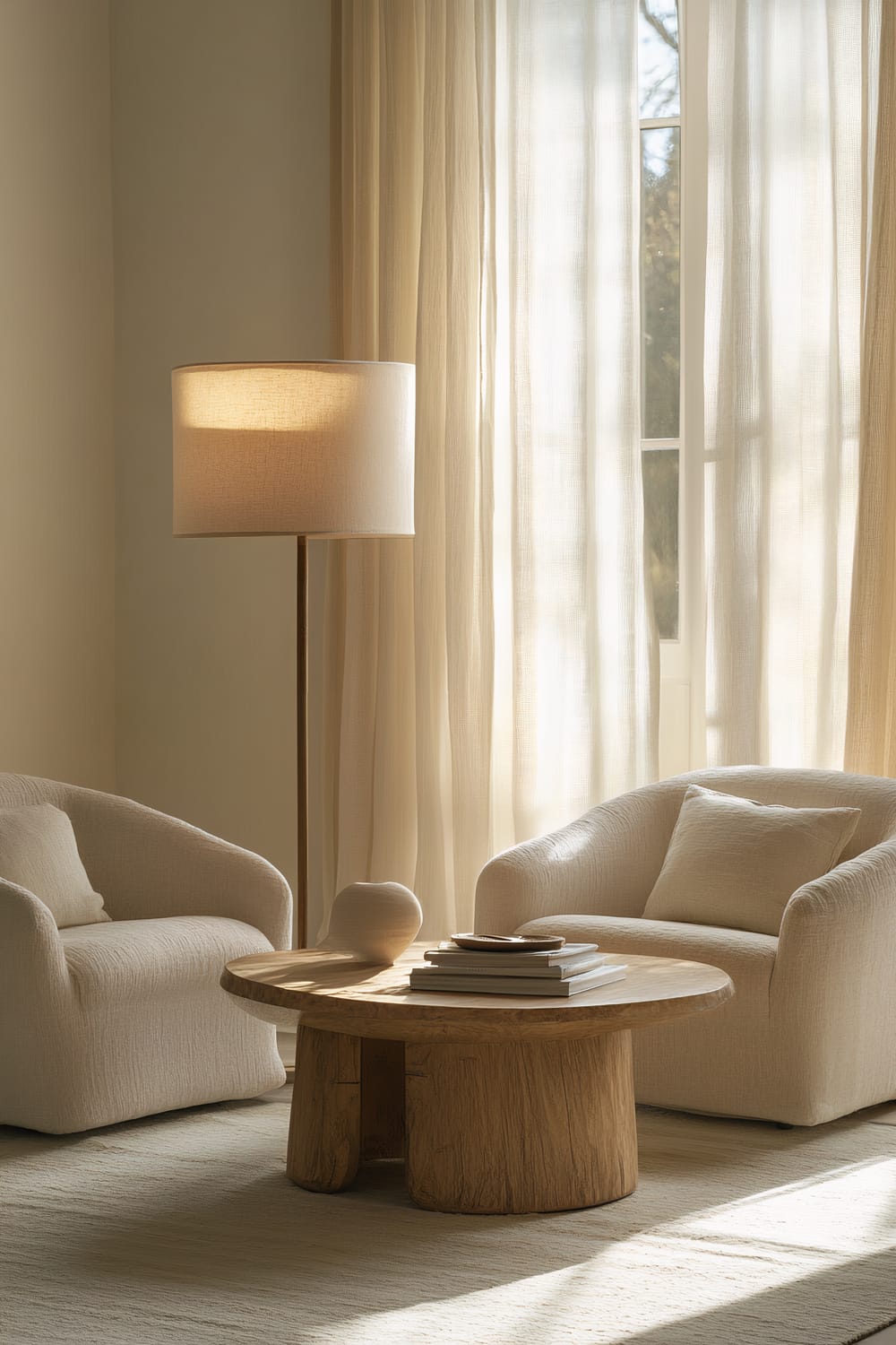 A relaxed living room featuring two soft neutral-tone swivel chairs around a minimalist wooden coffee table. A single large floor lamp glows warmly while natural sunlight filters through sheer curtains, highlighting the inviting and uncluttered environment in soft beiges and muted greens.