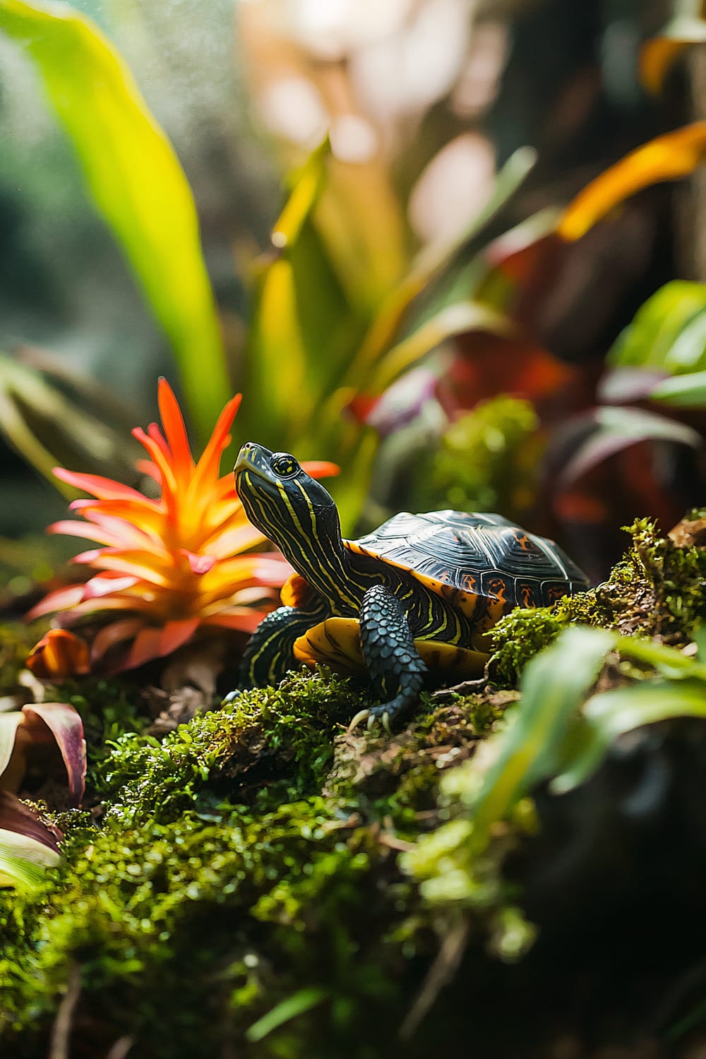 A close-up photograph of a small turtle in a vibrant, lush environment. The turtle has a dark shell with striking orange and yellow markings. It is perched on a mossy surface, surrounded by various green and orange tropical plants, including a prominent bright orange bromeliad flower.