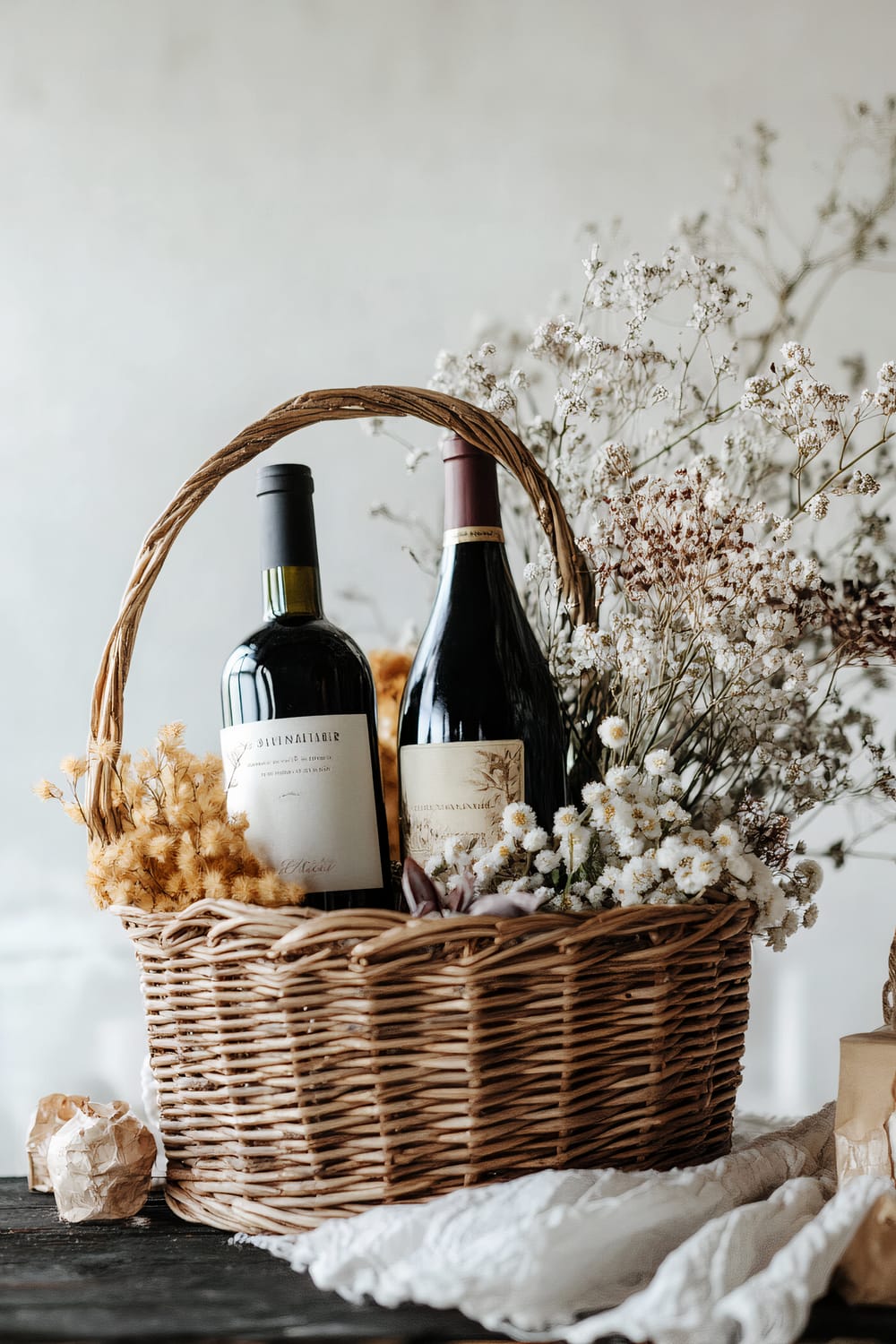 A wicker basket containing two bottles of wine, nestled among an arrangement of dried flowers including yellow blossoms and white baby's breath. The basket is placed on a dark wooden table, with a crumpled piece of paper and a white fabric draped underneath. The background is a softly lit, neutral-toned wall, highlighting the rustic and vintage aesthetic of the arrangement.