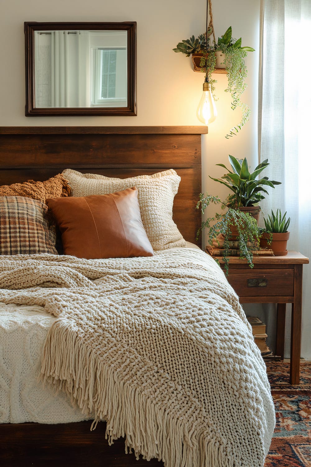 Warmly lit bedroom interior showcasing a bed with a dark wooden headboard. The bed has textured, beige, and brown throw pillows, and a chunky knit blanket with tassels. A wooden nightstand beside the bed features a variety of green potted plants. Above, a pendant light hangs, illuminating the greenery and adding a cozy atmosphere. A mirror adorns the wall above the headboard, reflecting parts of the room.