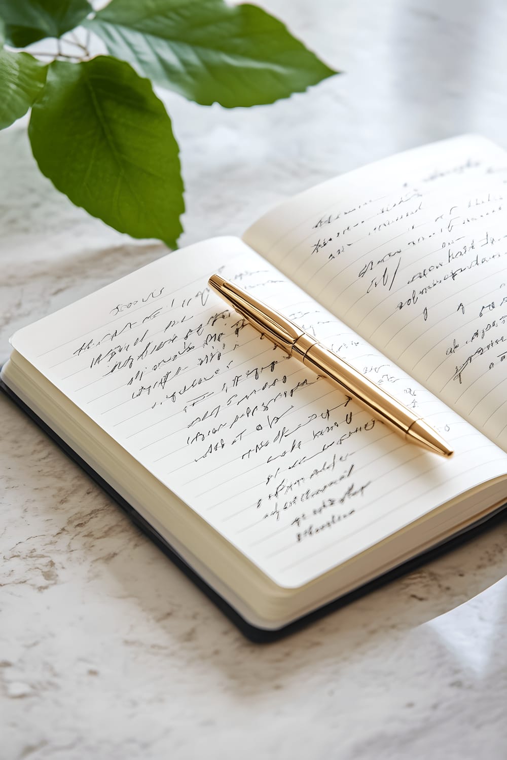 A detailed view of an open wellness journal with handwritten affirmations, a metallic gold pen lying diagonally across the open journal. These items are set against a white desk background, adorned with a single green leaf. The scene is illuminated by natural, soft lighting, creating an inspiring home workspace.