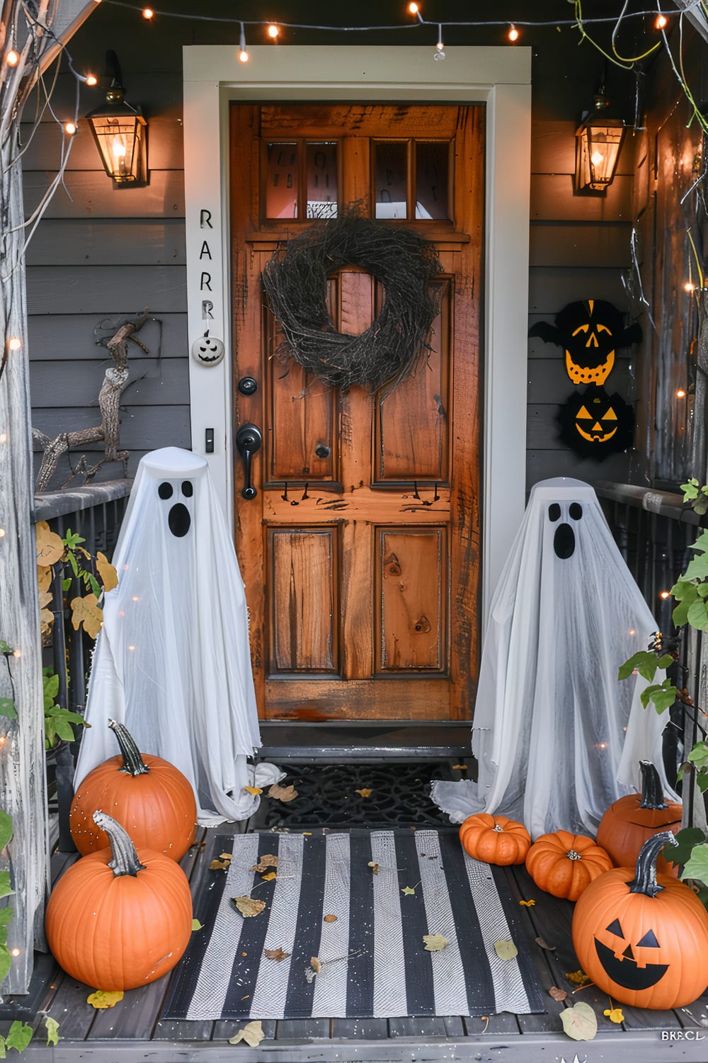 This image features a Halloween-themed front porch decorated with festive elements. The wooden front door is adorned with a grapevine wreath. On either side of the door, there are small ghost decorations made from white fabric with black eyes and mouths. Several pumpkins, both real and decorative, are placed near the door, some carved into jack-o'-lanterns. Halloween lanterns hang on either side of the door, and string lights are draped overhead, adding a warm glow to the scene.