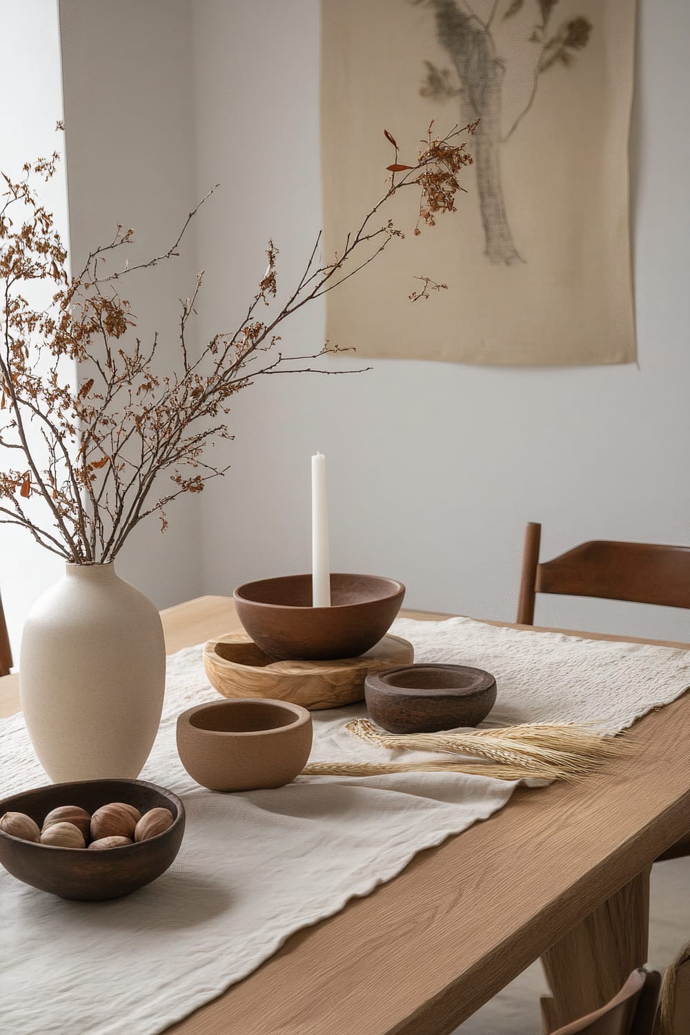 A minimalist dining table setup with a neutral-colored tablecloth. On the table are various ceramic and wooden bowls in earth tones, a single white candle in a brown candle holder, a vase with dried branches, and a bundle of dried wheat stalks. A light beige fabric with a simple tree illustration hangs on the wall behind the table.