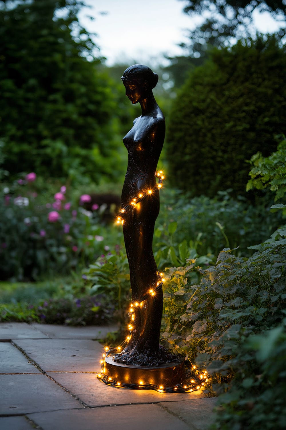 A black statue of a woman in an outdoor garden is wrapped in warm white string lights. The statue stands on a stone path, with lush greenery and flower bushes in the background. The scene is taken during twilight, and the soft lights create a serene and enchanting atmosphere.