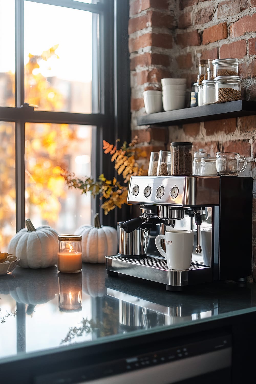 A kitchen counter featuring a stainless steel espresso machine with a white mug placed under it. Next to the machine is a jar of coffee beans, and nearby are various jars, some with white lids and some with clear lids. A single lit scented candle and white pumpkins are also displayed on the counter. A window with black frames and a view of autumn foliage can be seen in the background, along with exposed brick walls that enhance the warm ambiance.