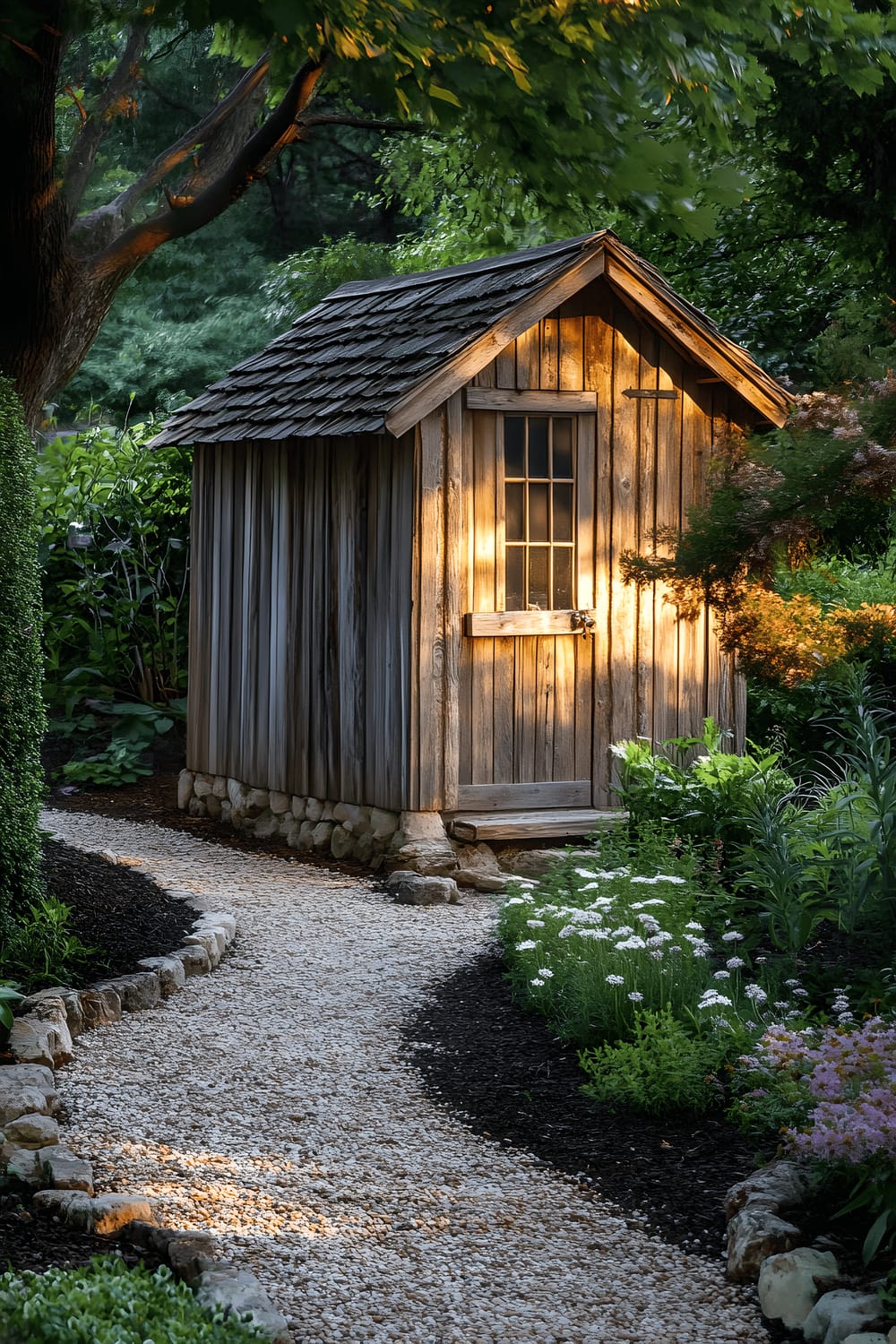 A quaint, weathered wooden shed, with a sloping roof, positioned amidst a small, lush garden. The garden is bordered by a low, stacked stone wall, and characterized by one prominent, abundantly flowering shrub. A serpentine gravel path leads to the entrance of the shed. The warm late afternoon sunlight casts soft shadows, enhancing the charming ambiance of the scene.