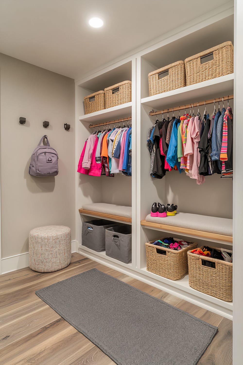 A gender-neutral pre-teen closet with soft wood tones and white shelving. Open shelves hold neutral-colored bins and baskets. Mid-height rods bear hanging colorful everyday clothing. Several hooks along the walls hold a purple backpack. A cushioned bench below offers seating and extra storage. Warm recessed lighting brightens the space, with a gray rug adding comfort on the wooden floor.