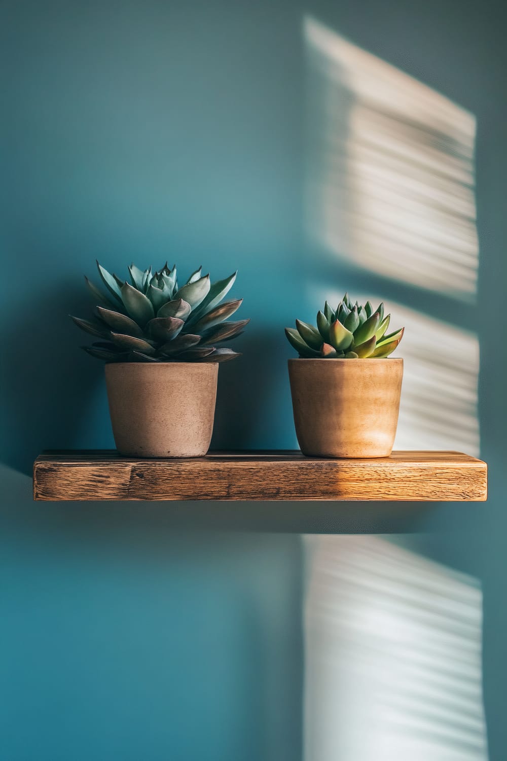 A warm spotlight illuminates a wooden shelf mounted on pastel blue walls. Two small potted succulents are displayed on the shelf, creating a minimalistic decor.