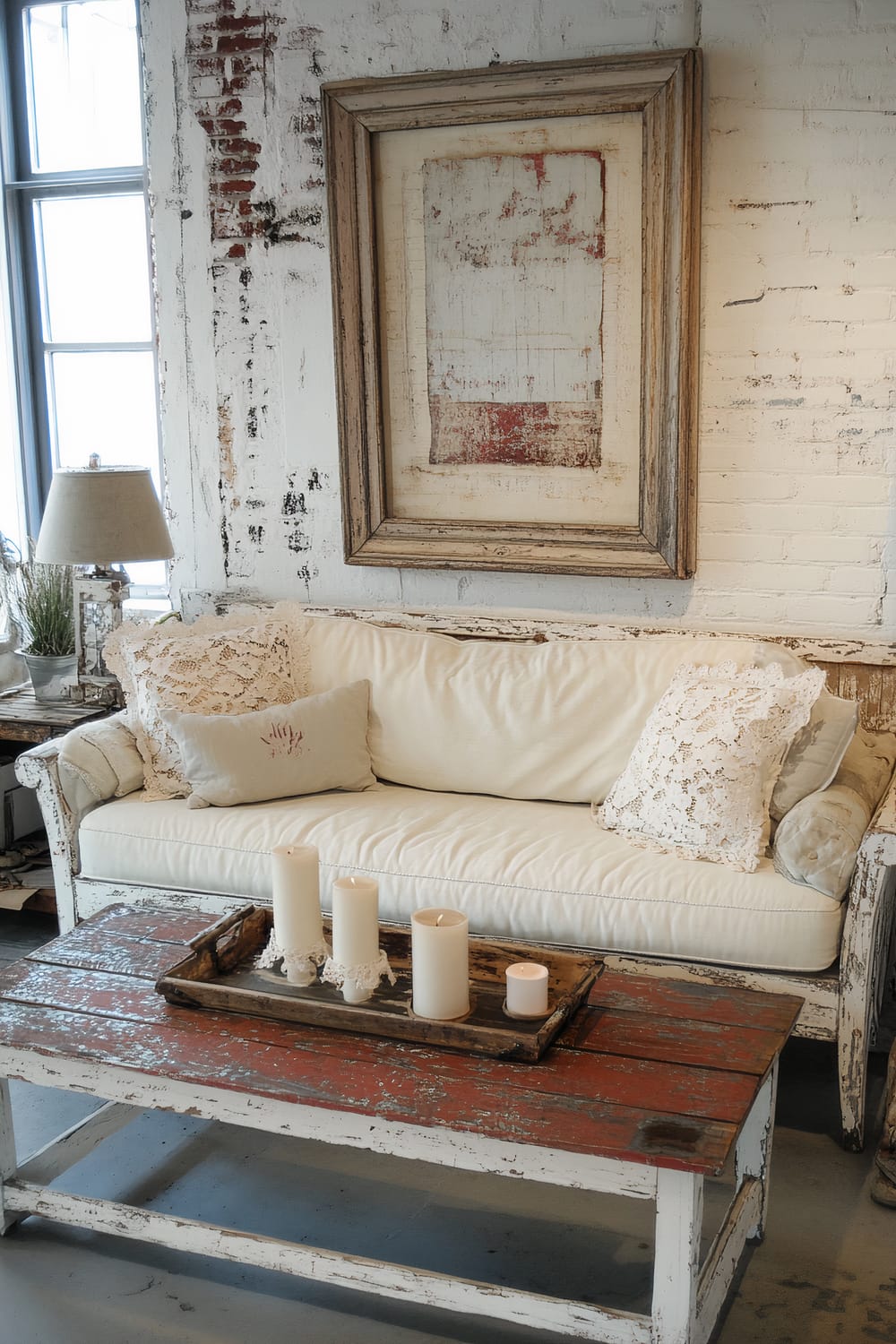 Shabby chic loft with distressed white farmhouse sofa adorned with pillows, in front of a vintage wooden coffee table holding four candles, all set against a rustic backdrop with a large, weathered picture frame on the wall.