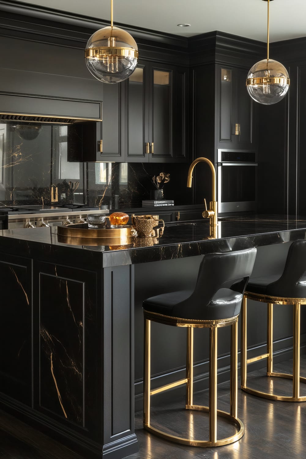 This luxurious kitchen features an elegant black and gold color scheme. It has black cabinetry with gold accents, a polished black marble island with subtle gold veining, and black leather bar stools with gold frames. Two spherical pendant lights with a blend of gold and glass hang above the island, complementing the faucet's gold finish. The kitchen has a sleek and contemporary feel with high-end appliances and detailed craftsmanship.