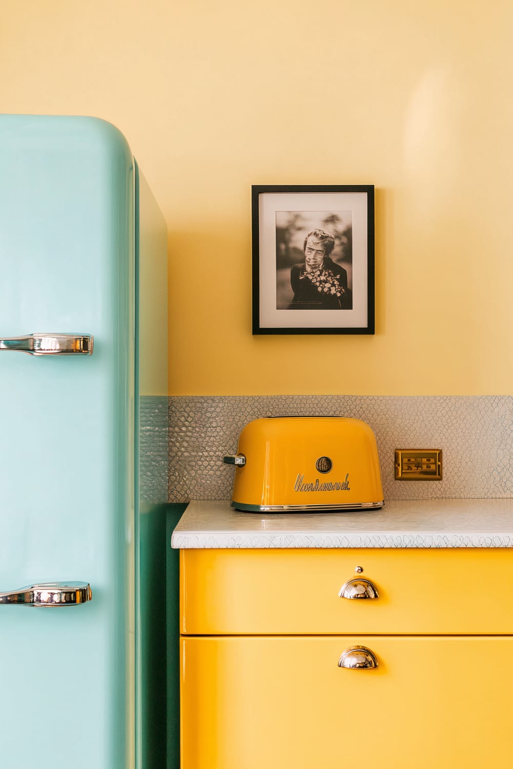 A pastel yellow kitchen featuring a 1950s-style pale green refrigerator with three colorful vintage magnets. Above a yellow cabinet with chrome handles, there is a yellow vintage-style toaster. A framed black-and-white photo is hung on the wall above the toaster, contributing to the nostalgic theme.