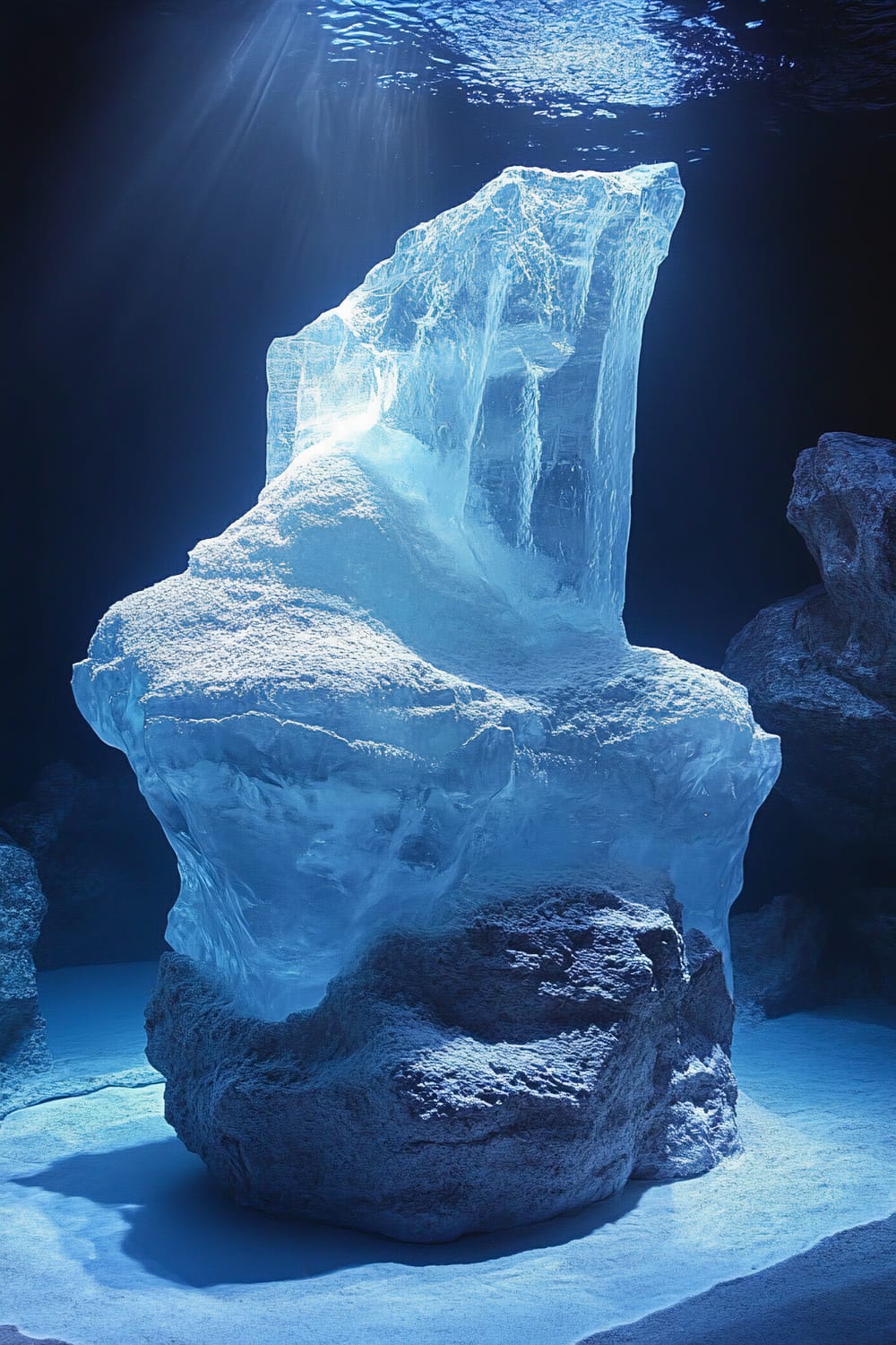 A fish tank designed to resemble an underwater ice cave, featuring a central icy rock formation. The tank is illuminated with cool blue lighting, creating a serene and minimalist ambiance. The surrounding area is sparsely decorated, enhancing the focus on the ice structure.