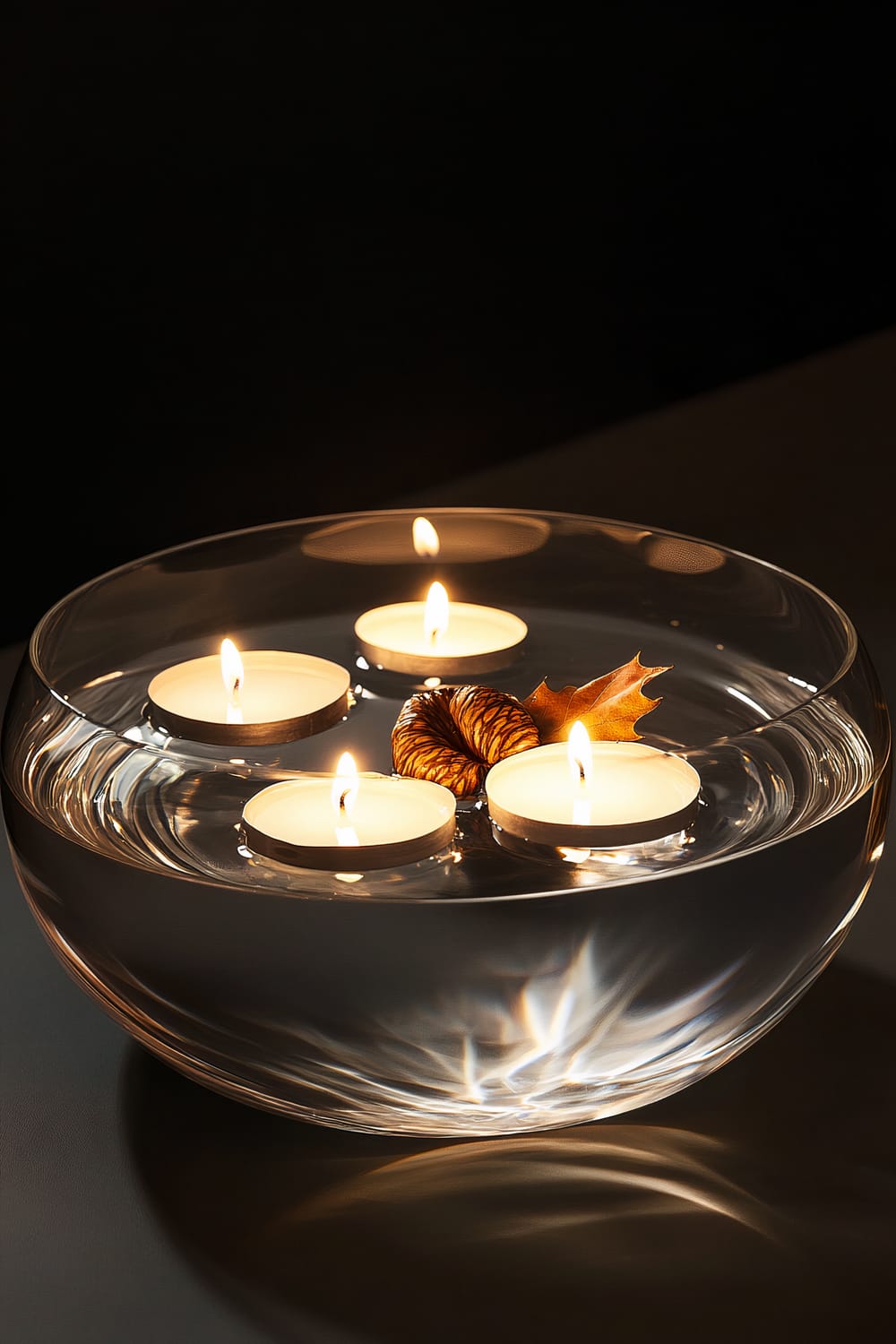 A clear glass bowl filled with water, floating candles, and decorative acorns, illuminated from below with soft LED lighting.