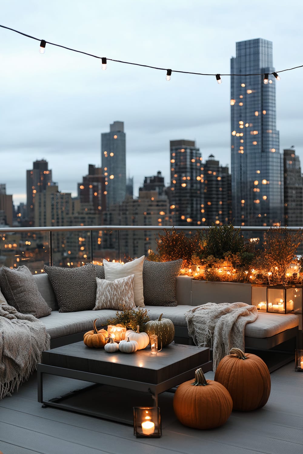 A stylish rooftop deck decorated for autumn, set against a city skyline during dusk. The deck features a modern sectional sofa adorned with textured throw pillows and blankets. The centerpiece is a chic, rectangular coffee table decorated with various pumpkins and candles, contributing to a cozy ambiance. String lights hang overhead, casting a warm glow, while additional candles and small lanterns are strategically placed around the space. Potted plants border the area, adding a touch of greenery amidst the urban backdrop.