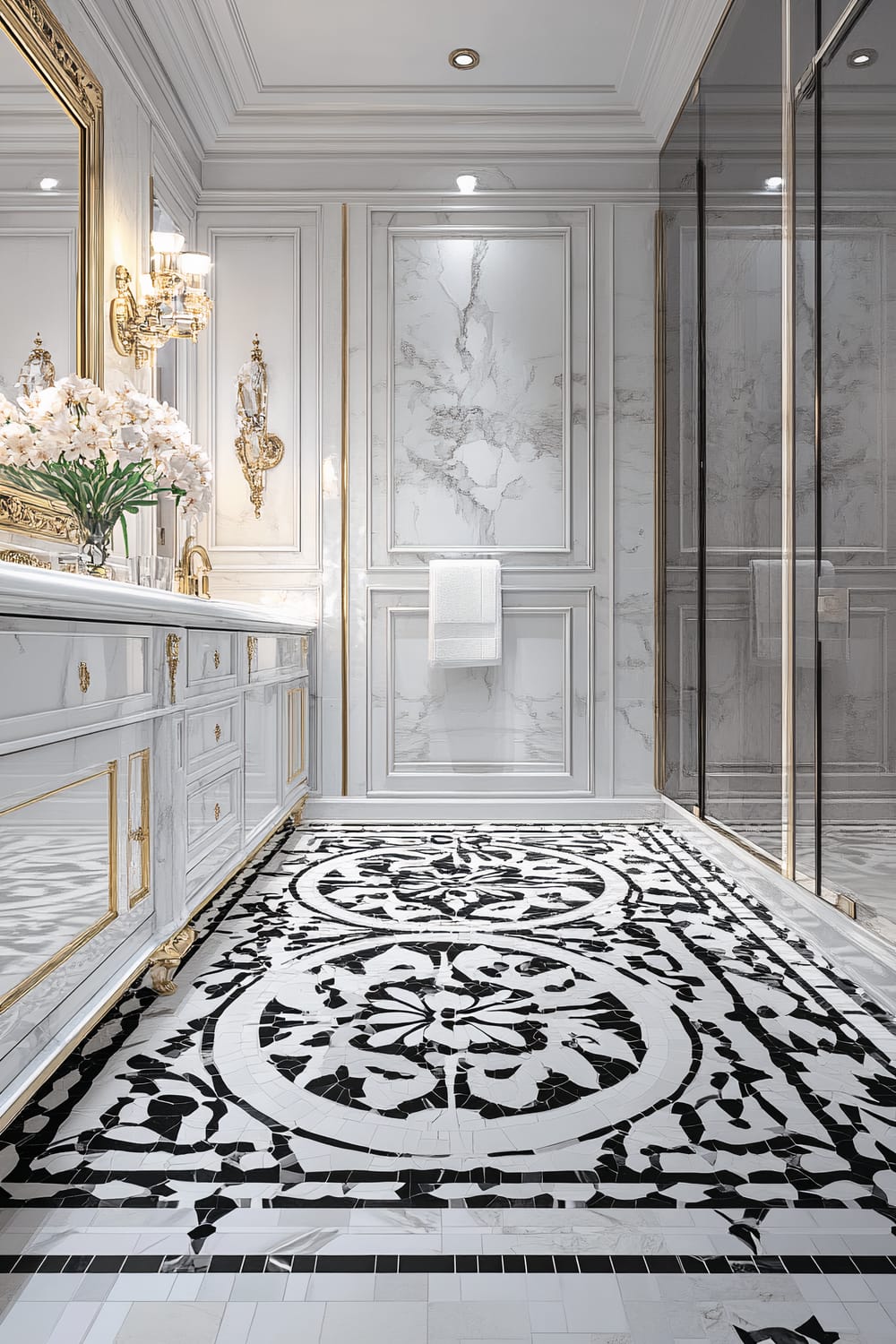 An opulent bathroom with a seamless blend of classical and modern design elements. The floor showcases intricate black and white floral mosaic tiles. The walls are adorned with marble panels framed with molding, and gold-accented sconce lighting. A vanity with a luxurious mirror, featuring gold embellishments, stands to the left, and a glass shower enclosure is on the right.