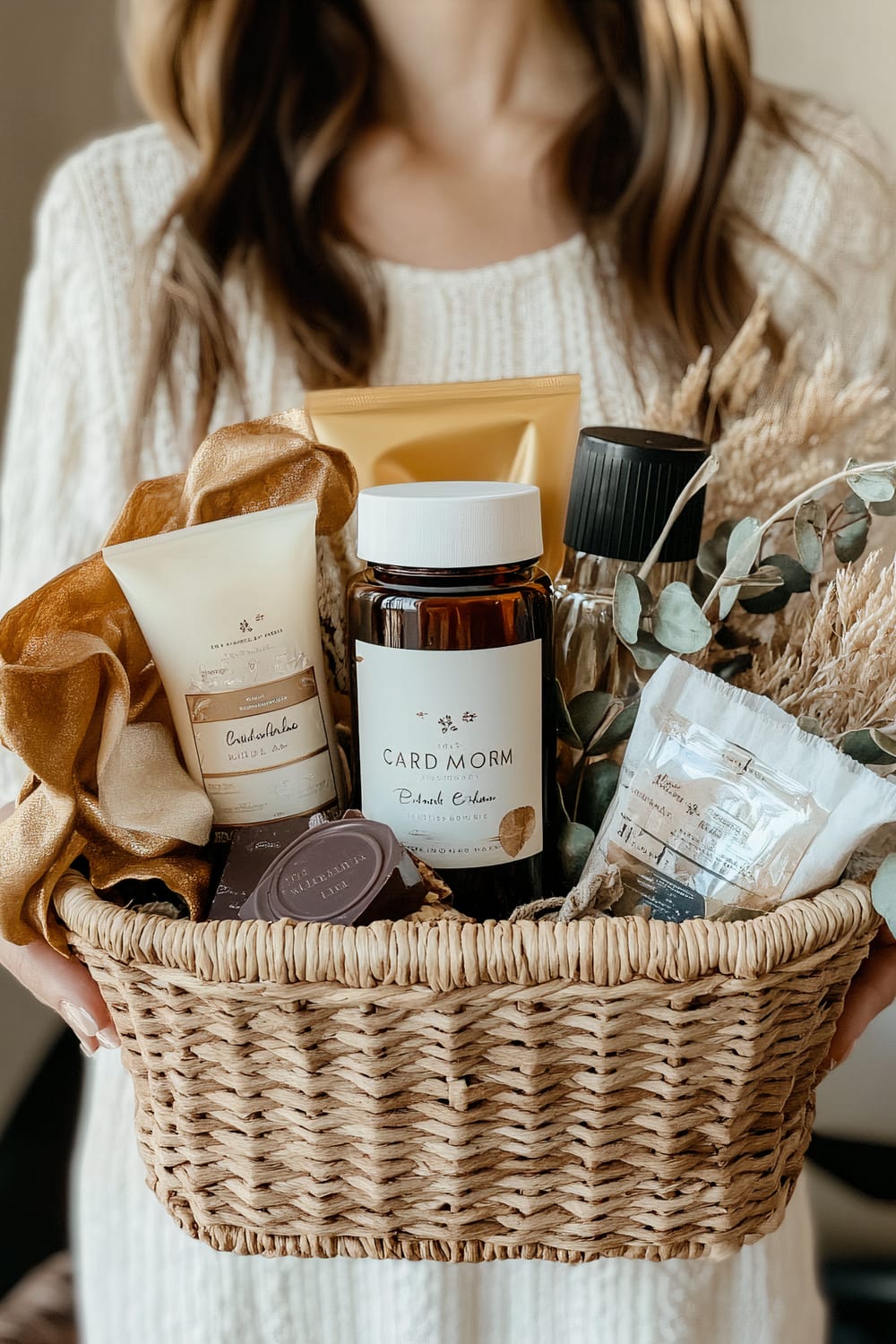 An individual holding a wicker basket filled with self-care items. The basket contains a brown bottle with a white cap and label, a cream tube, a golden-hued fabric, a black-capped bottle, a small packet, and dry foliage for decoration. The person is dressed in a white knitted sweater, but their face is not visible.