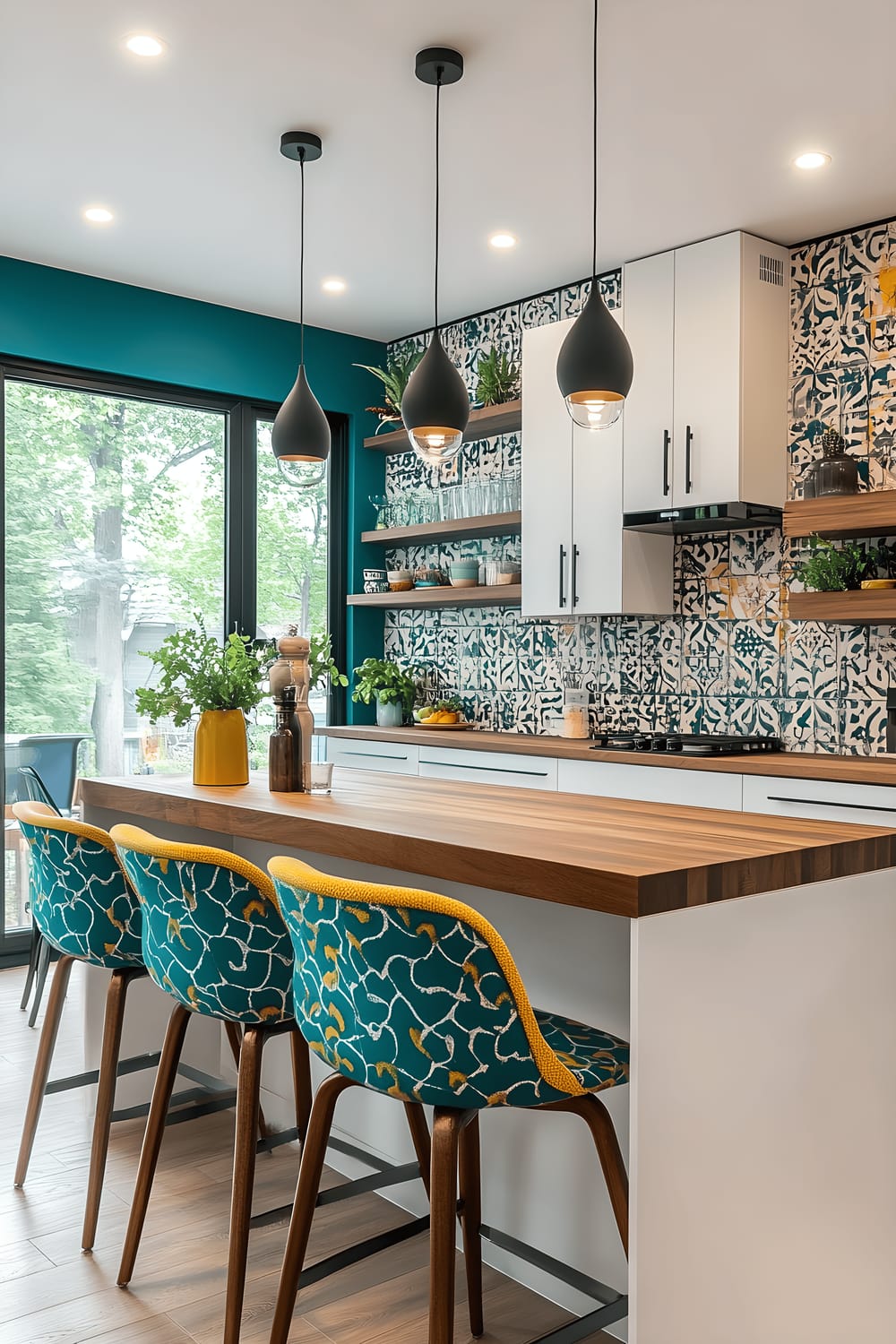 A lively, eclectic kitchen with a bold color palette of teal and mustard against white cabinetry. The room features a central island with a live-edge wooden countertop and a built-in cooktop, accompanied by sleek bar stools with colorful upholstered seats. A unique geometric patterned tile backsplash introduces visual interest, complemented by matte black hardware. The decor consists of contemporary art, a series of potted succulents, and varied dishware arranged on open shelves. Multiple large windows with minimalist black casings encourage an influx of natural light, augmented by vibrant pendant lights. The feel is energetic and personalized.