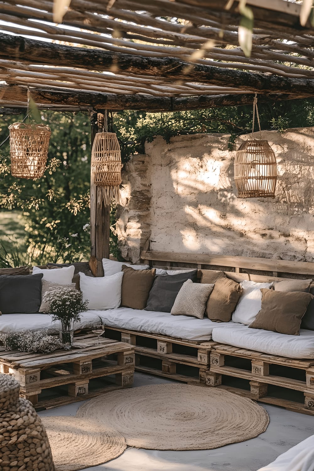 A charming outdoor lounge setting featuring a do-it-yourself seating arrangement made from repurposed wooden pallets. The pallets are adorned with a collection of stacked cushions in varying shades of earthy tones. Warm, ambient light emanates from hanging rattan lanterns, highlighting the scene beautifully against a backdrop of a sunset.