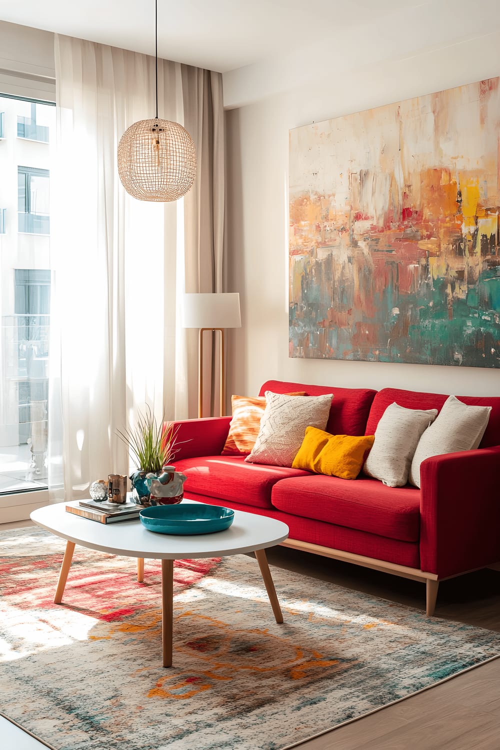 A small yet vibrant living room inspired by the culture of Madrid, characterized by a bold red sofa on wooden legs, a contemporary white coffee table adorned with colorful ceramic accents, and a large abstract painting exposing warm tones creating artistic flair on the wall. The room is well-lit by natural light flowing in through floor-to-ceiling windows covered with light linen curtains, and complimented by a stylish pendant lamp and a secondary table lamp. The color scheme is a blend of rich reds, warm yellows, and crisp whites establishing an energetic and balanced atmosphere.