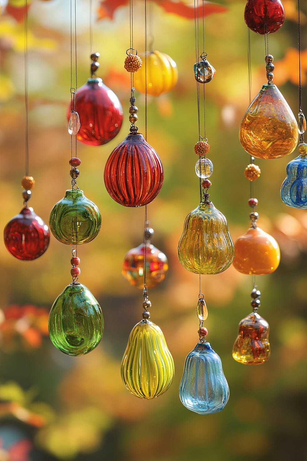 Multiple colorful glass ornaments hanging from thin strings, with a soft-focus, autumnal background featuring warm hues of red, orange, and yellow leaves.