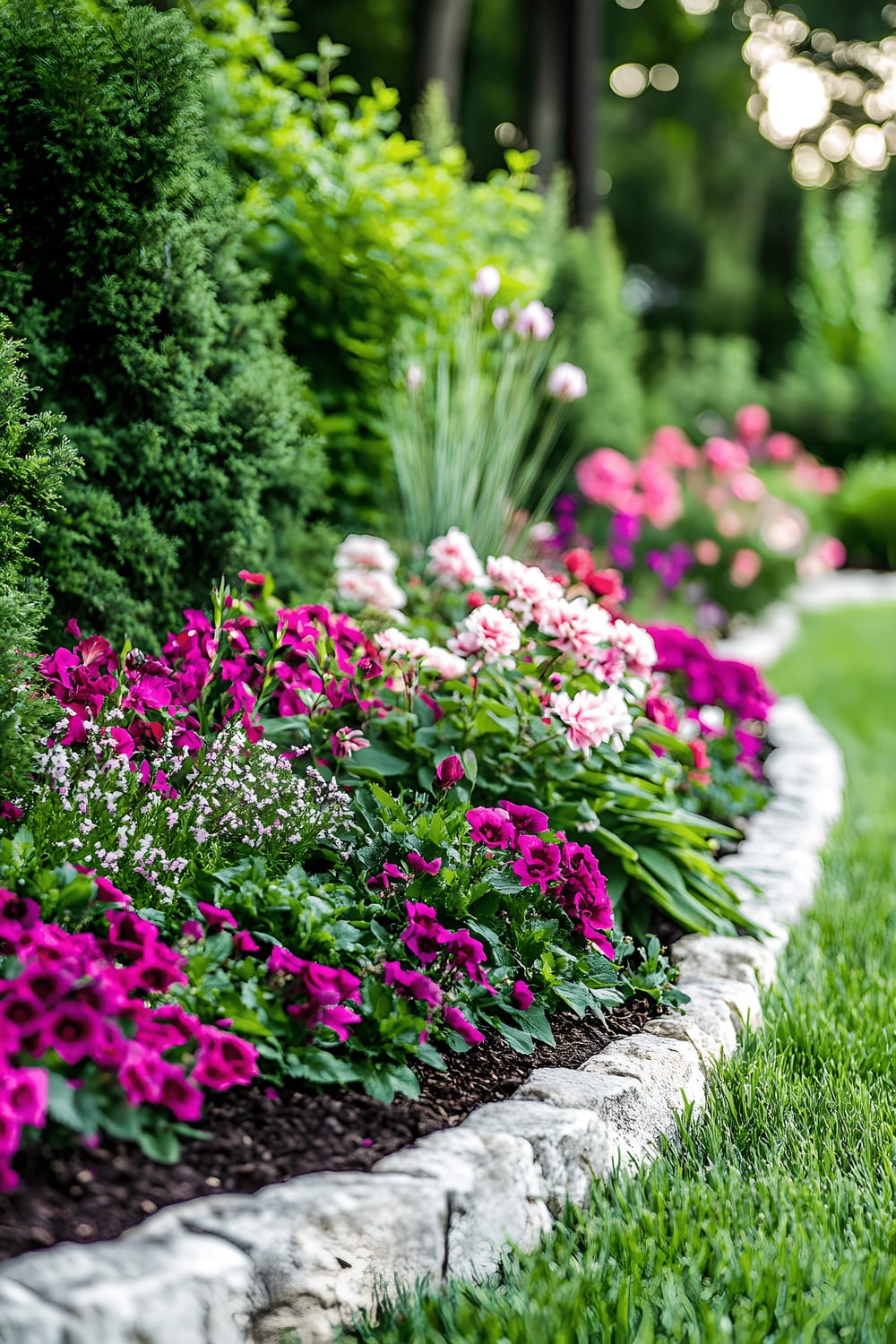 A vibrant modern small backyard garden featuring a mix of evergreen plants and colorful seasonal flowers. The garden is organized with low-growing evergreens at the front, medium-sized flowers in the middle, and tall plants at the back. In front, creeping phlox and boxwood form a thick green carpet, behind which hydrangeas and roses in pink, red, and white bloom brightly. At the rear, tall delphiniums and ornamental grasses tower over the rest in varied heights. Key plants are illuminated by subtle garden lighting. The garden also includes sleek stone edging, minimalist sculptures, and decorative stones.