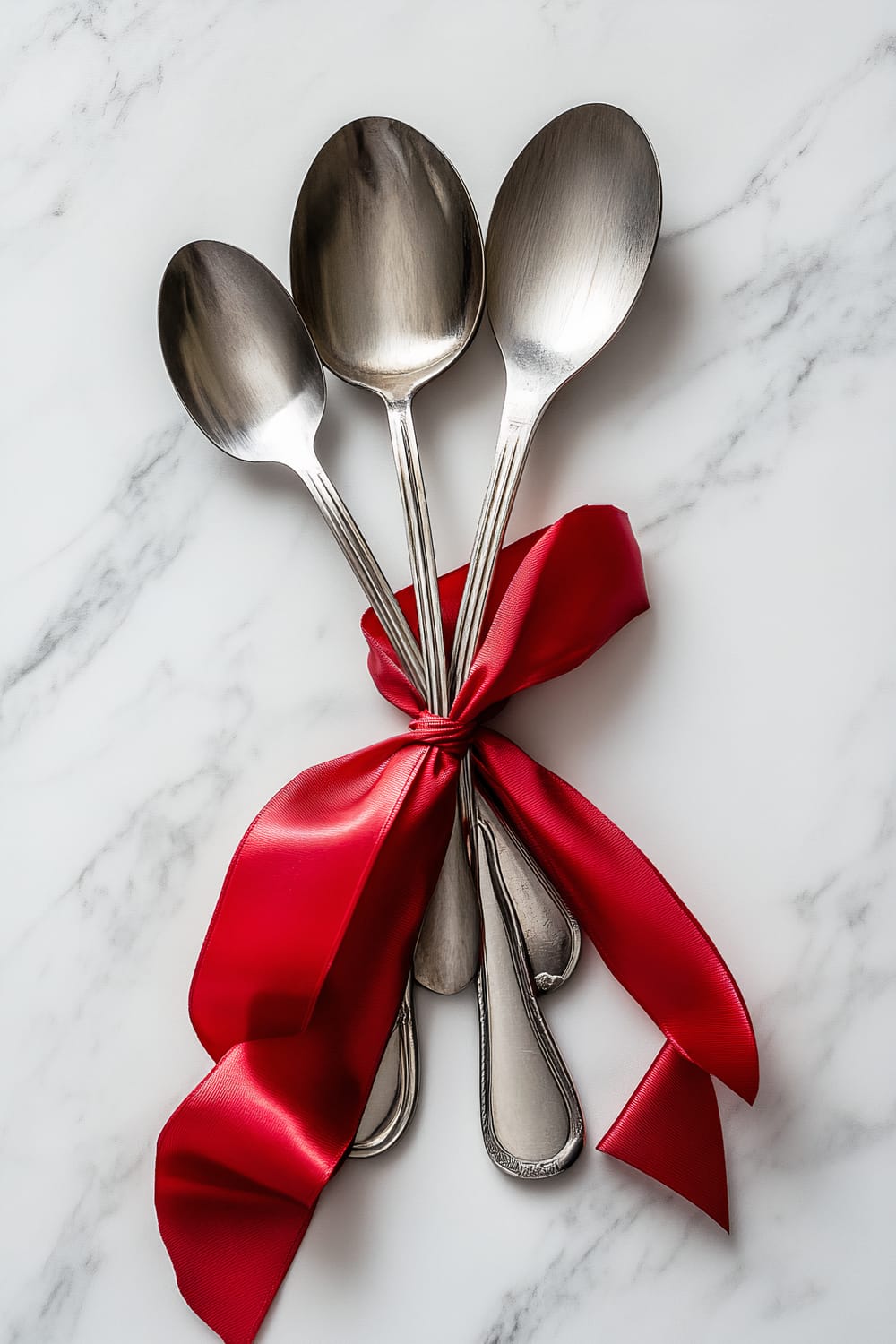 A detailed close-up of three stainless steel spoons bundled together with a striking red satin ribbon on a white marble countertop. The bold red ribbon contrasts sharply with the stainless steel utensils. The clean background highlights the vibrant ribbon as the centerpiece.