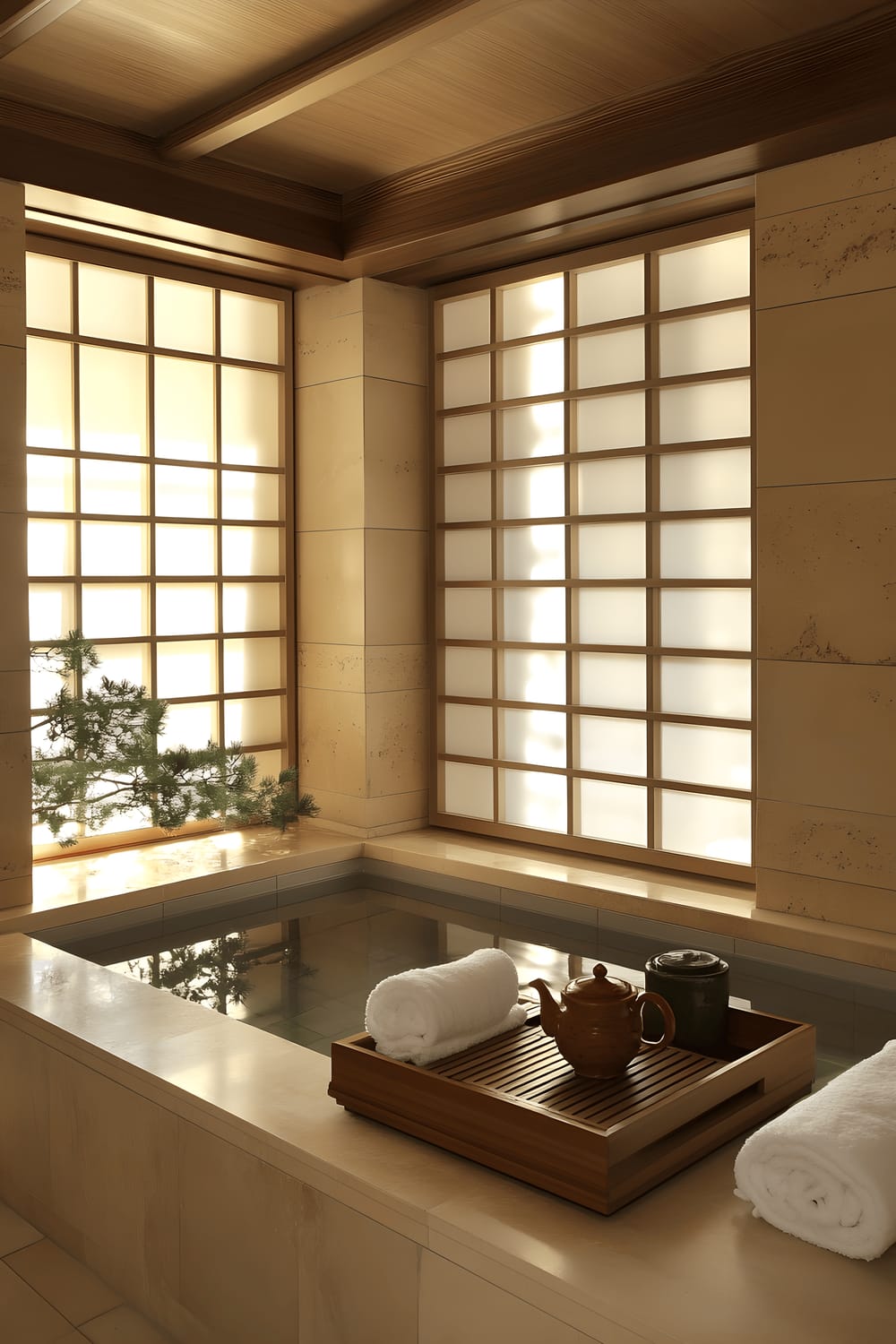 A tranquil bathroom designed in a Japanese Zen style. The room features natural stone tiles on the wall, a wooden soaking tub filled with soothing warm water, and traditional Japanese shoji screen windows that let in natural, diffused light. A bamboo bath tray placed over the bathtub holds a white ceramic teapot and a small bonsai tree. The entire room follows an earthy color scheme of beige, green, and brown, creating an atmosphere of relaxation and harmony.