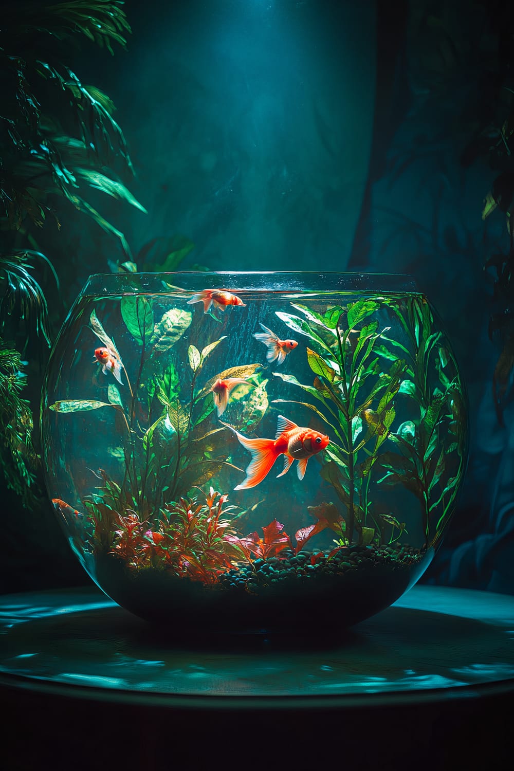 A spherical fishbowl with several vibrant goldfish swimming amongst lush aquatic plants and gravel at the bottom. The bowl is placed on a circular table under a focused beam of light, creating an ethereal atmosphere with the surrounding space dimly lit and shadows of plants in the background.