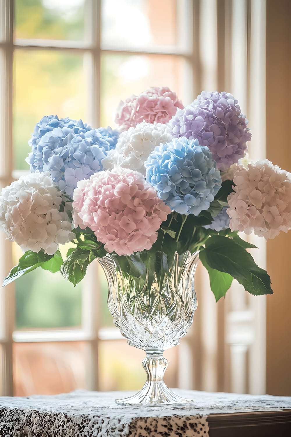 A classic wooden table covered with a white lace tablecloth has a centerpiece featuring a range of pastel pink, blue, and lilac hydrangeas in a crystal vase, in a room with vintage windows that allow natural light to filter in.