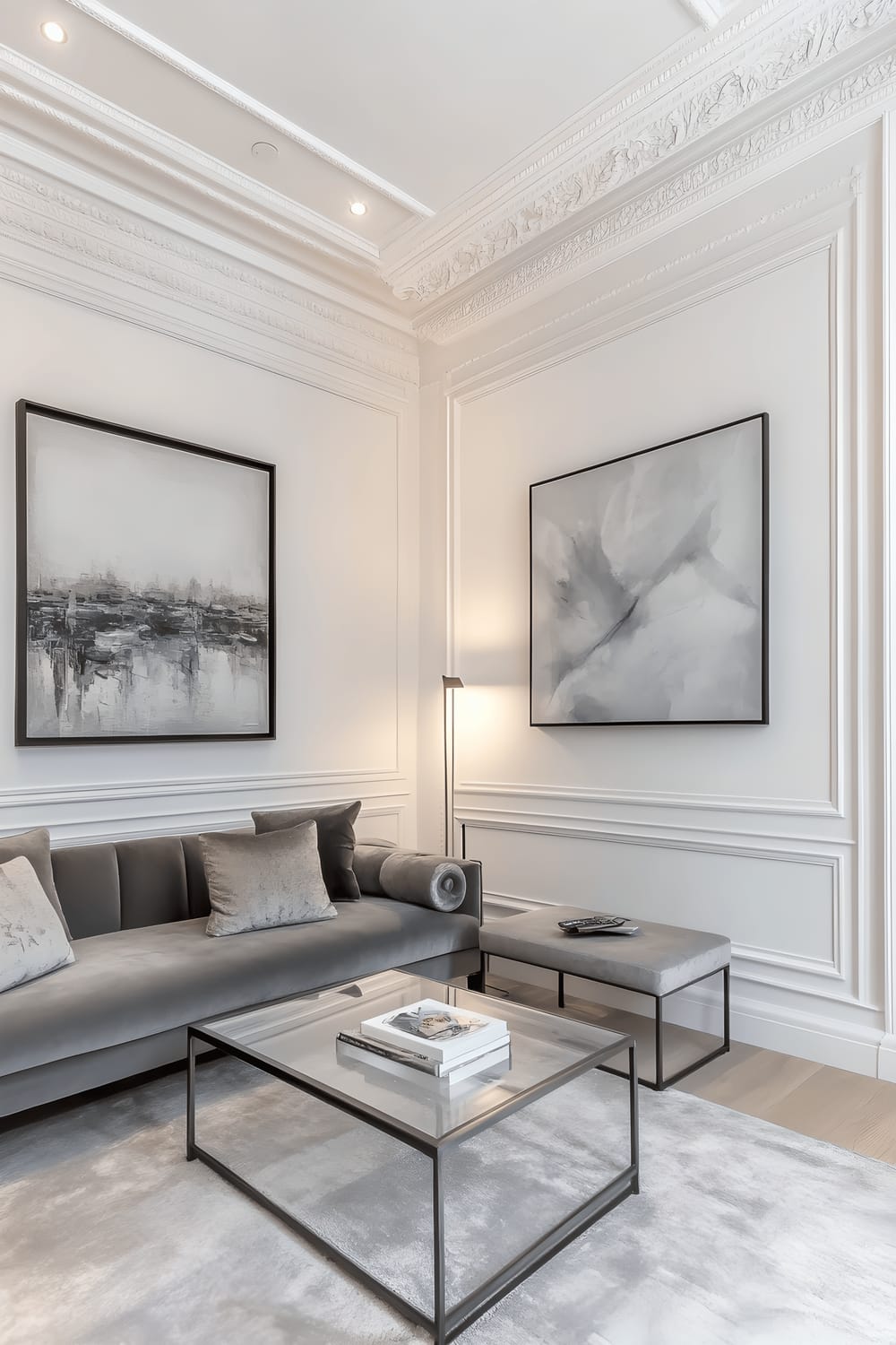 A stylishly furnished living room in a Marylebone flat, featuring a sophisticated gray velvet sofa with its back towards us, and a sleek glass coffee table in front. White walls feature ornate moldings and host an abstract wall art. The room is softly lit from a designer floor lamp, casting a warm glow and an air of elegance.